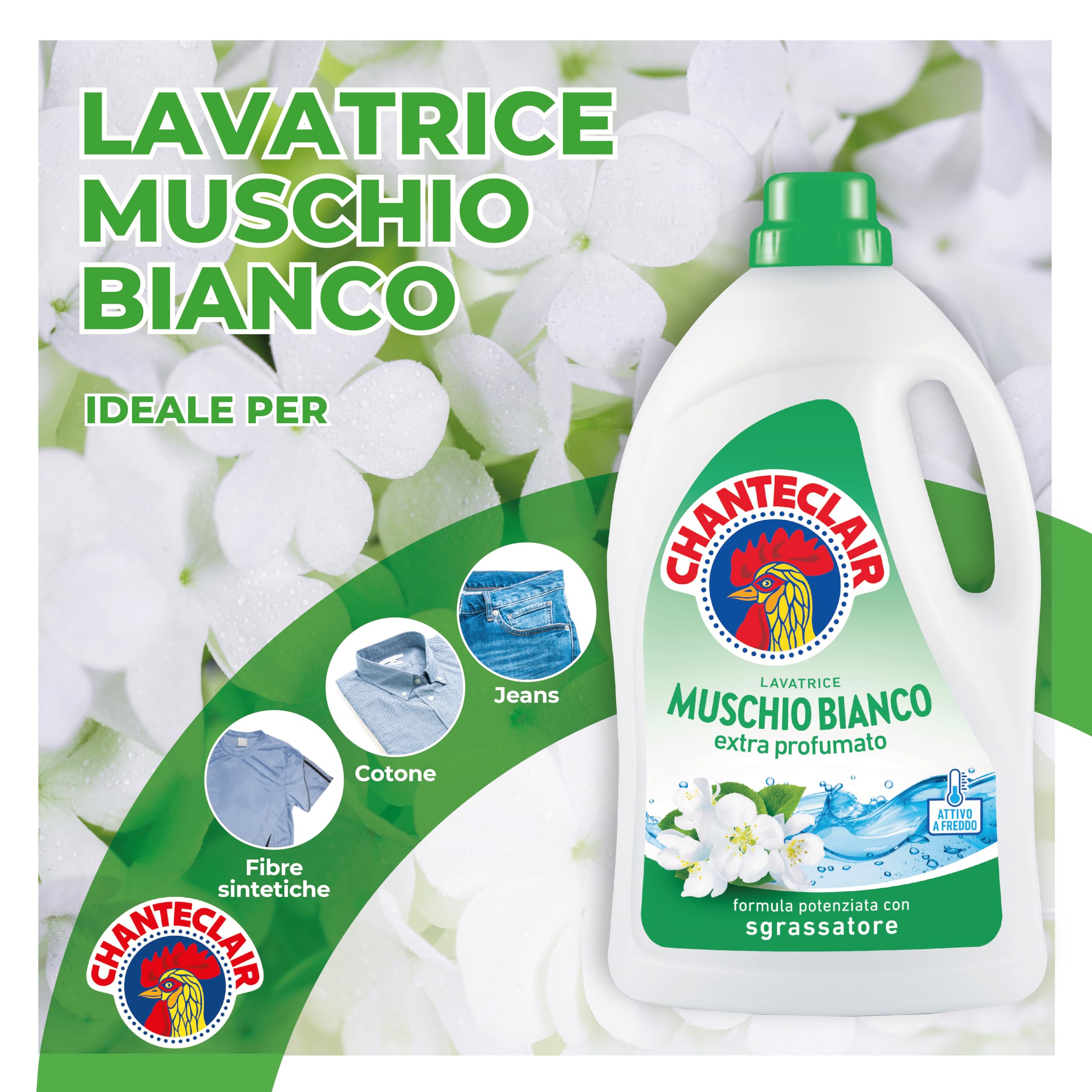 Chanteclair - Detersivo per Lavatrice, Profumo Muschio Bianco, Formula Concentrata, con Vero Sgrassatore - 3 Flaconi da 1260 ml