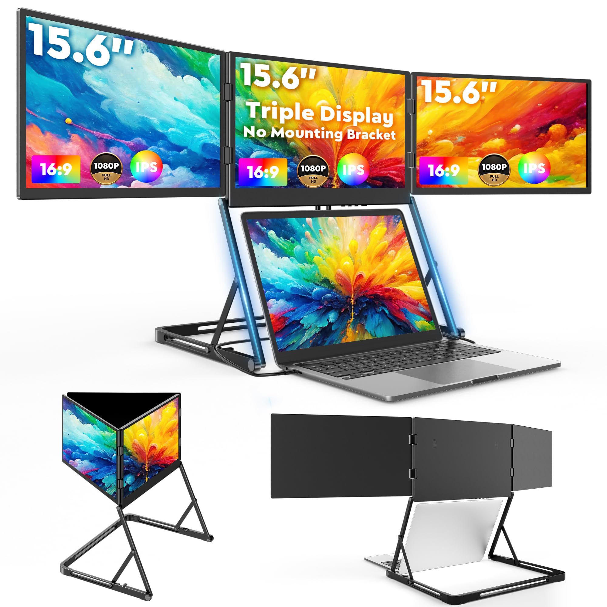 HONGO Moniteur portable pour ordinateur portable, écran portable IPS, moniteur extenseur Plug & Play (15,6 pouces, triple écran)