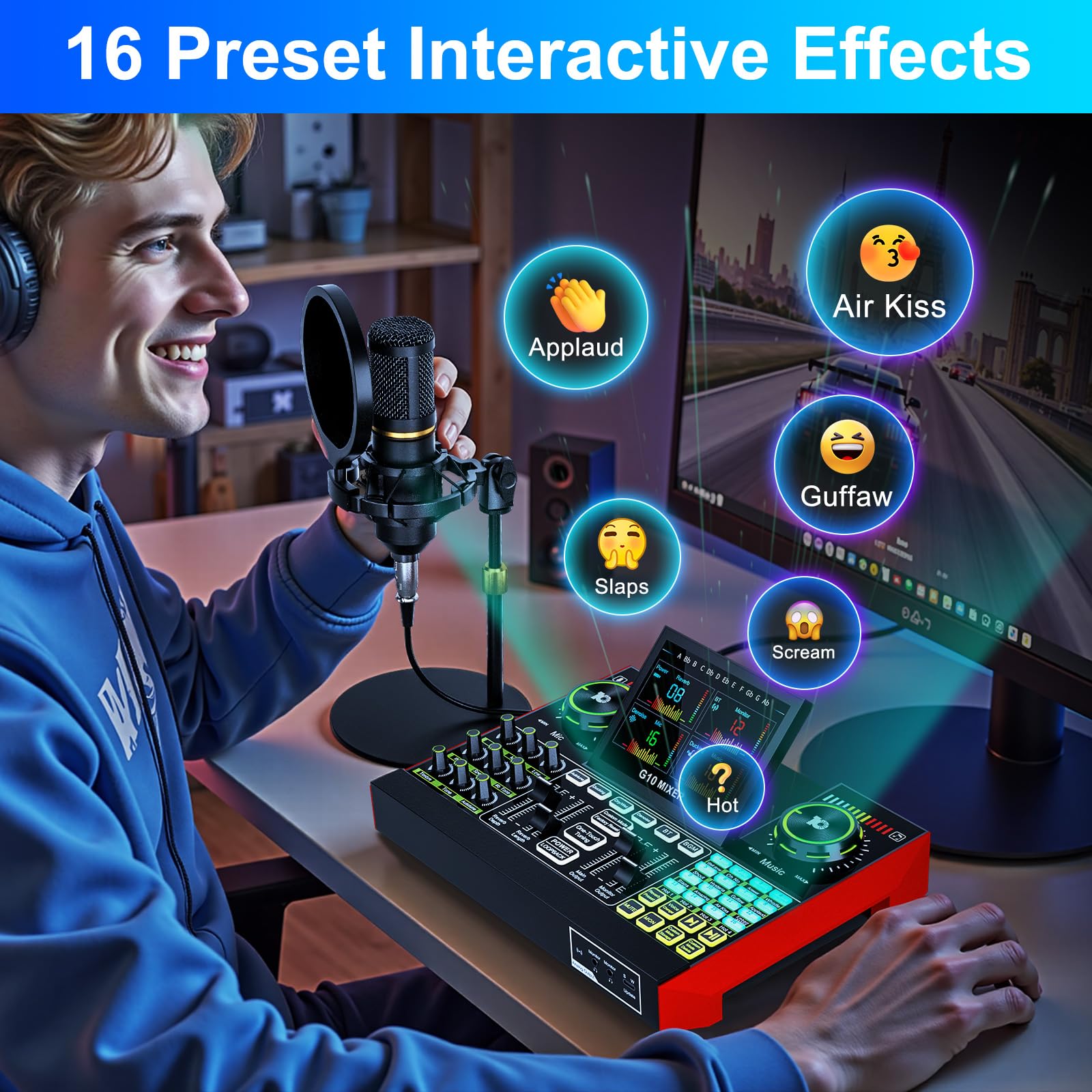 Podcast Microphone Bundle with Live Sound Card Audio Mixer, Podcast Equipment Bundle with 3.5mm BM800 Microphone for Pc/Youtube Live Streaming Singing Gaming, Sound Board with Voice Changer, Denoise