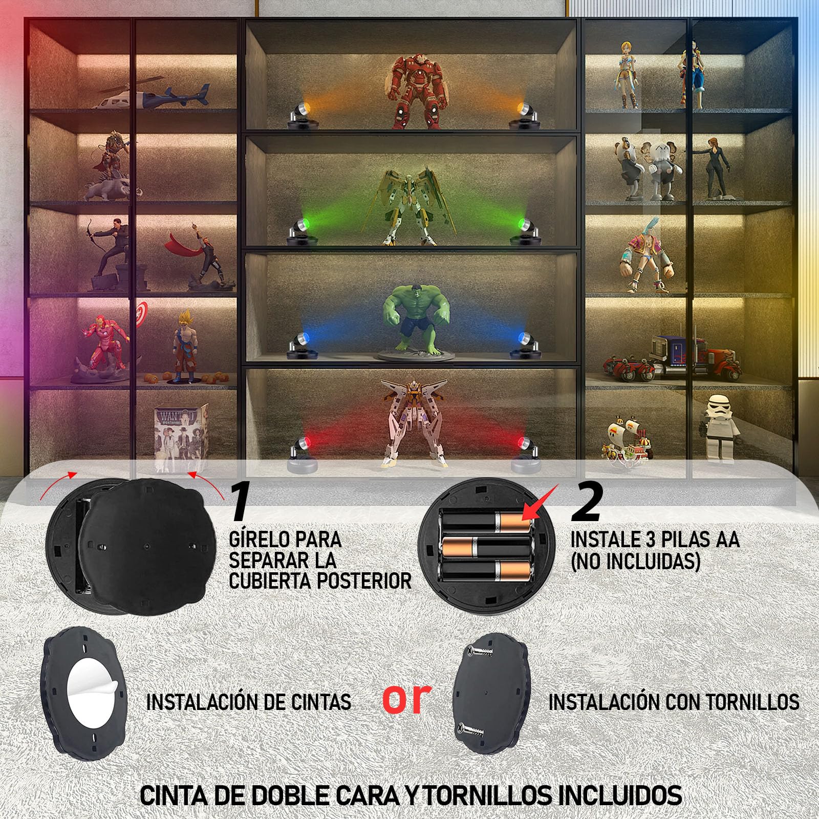 Klarlight RGB Mini Foco Led Interior con Mando a Distancia Focos LED Inalámbrico a Pilas Spotlight de Pared 13 Colores Luz Iluminación para Gabinete Pintura Arte Dardos Party, 2-Pack Negro