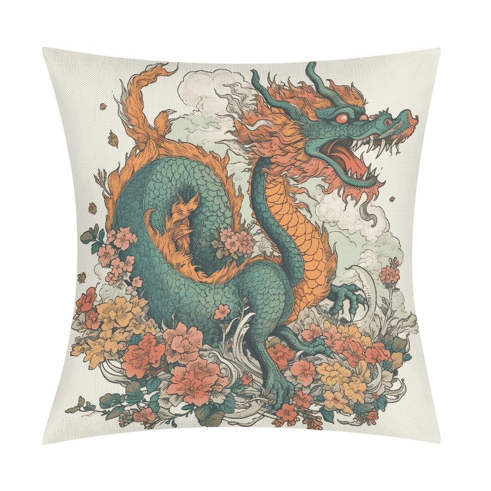 Fodpand Style Flowers And Dragons Pillow Covers 18X18 Inch, Pillow Cases Boho Farmhouse, Throw Pillow Covers For Couch Sofa Bed Spring Home Decor