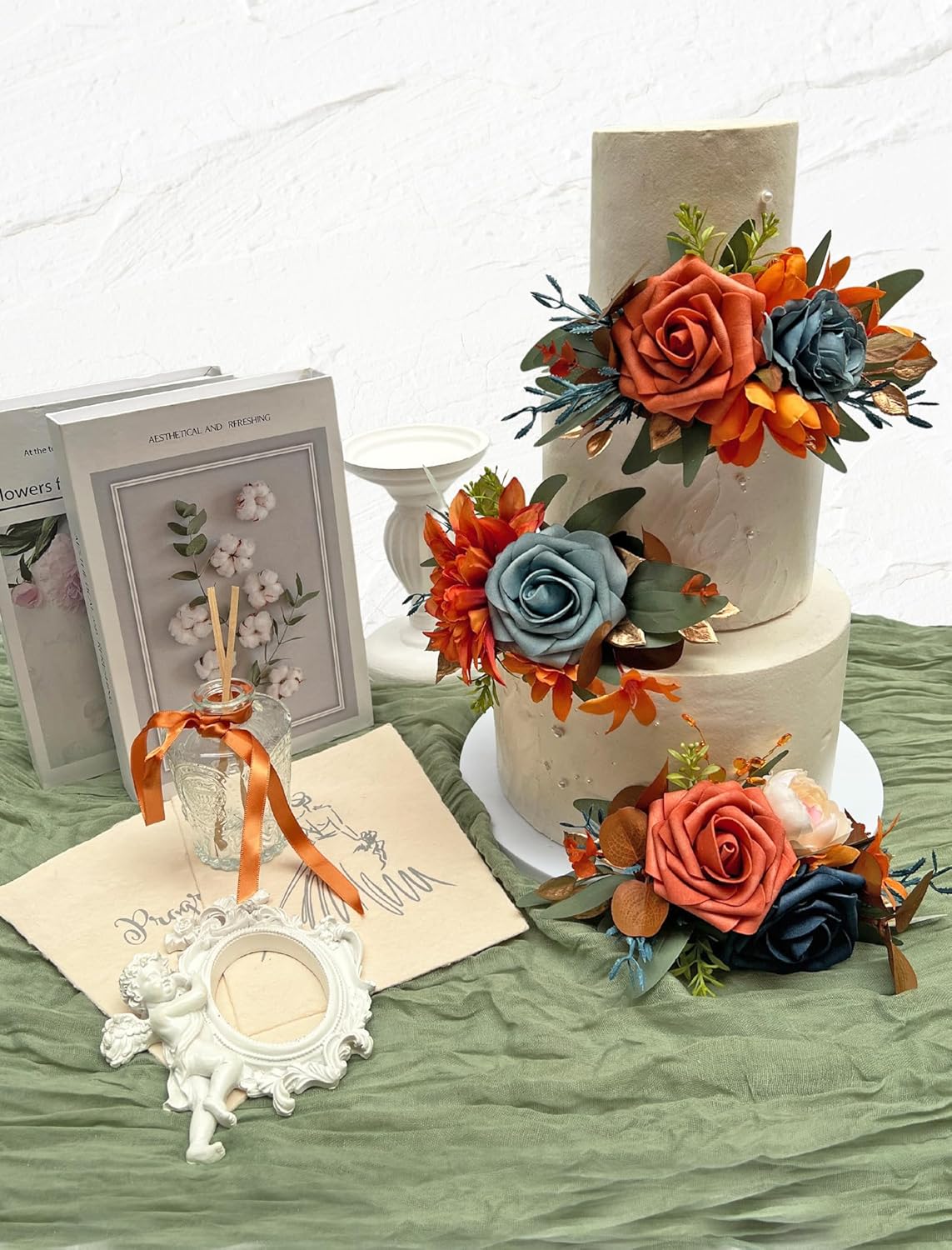 CherishedMoments 3Pcs Cake Topper Set, Wedding Artificial Flowers Decor Burnt Orange-Blue, Perfect for Wedding Ceremony, Anniversary, Parties & Photography