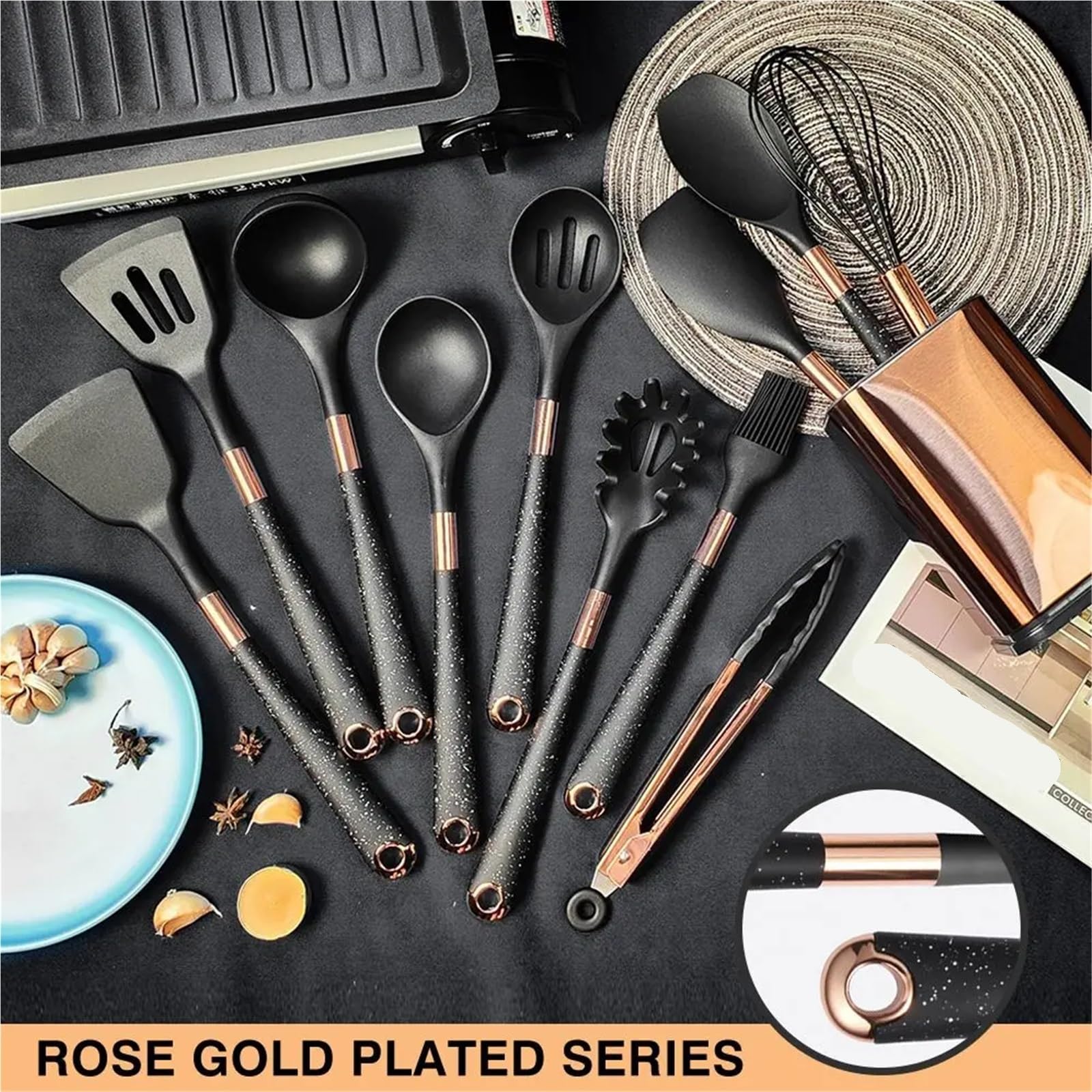 Silikon Küchenhelfer Set Kochutensilien-Set aus Silikon for die Küche, hitzebeständig, rosévergoldeter Griff, Antihaft-Spatel, Löffel(K007)