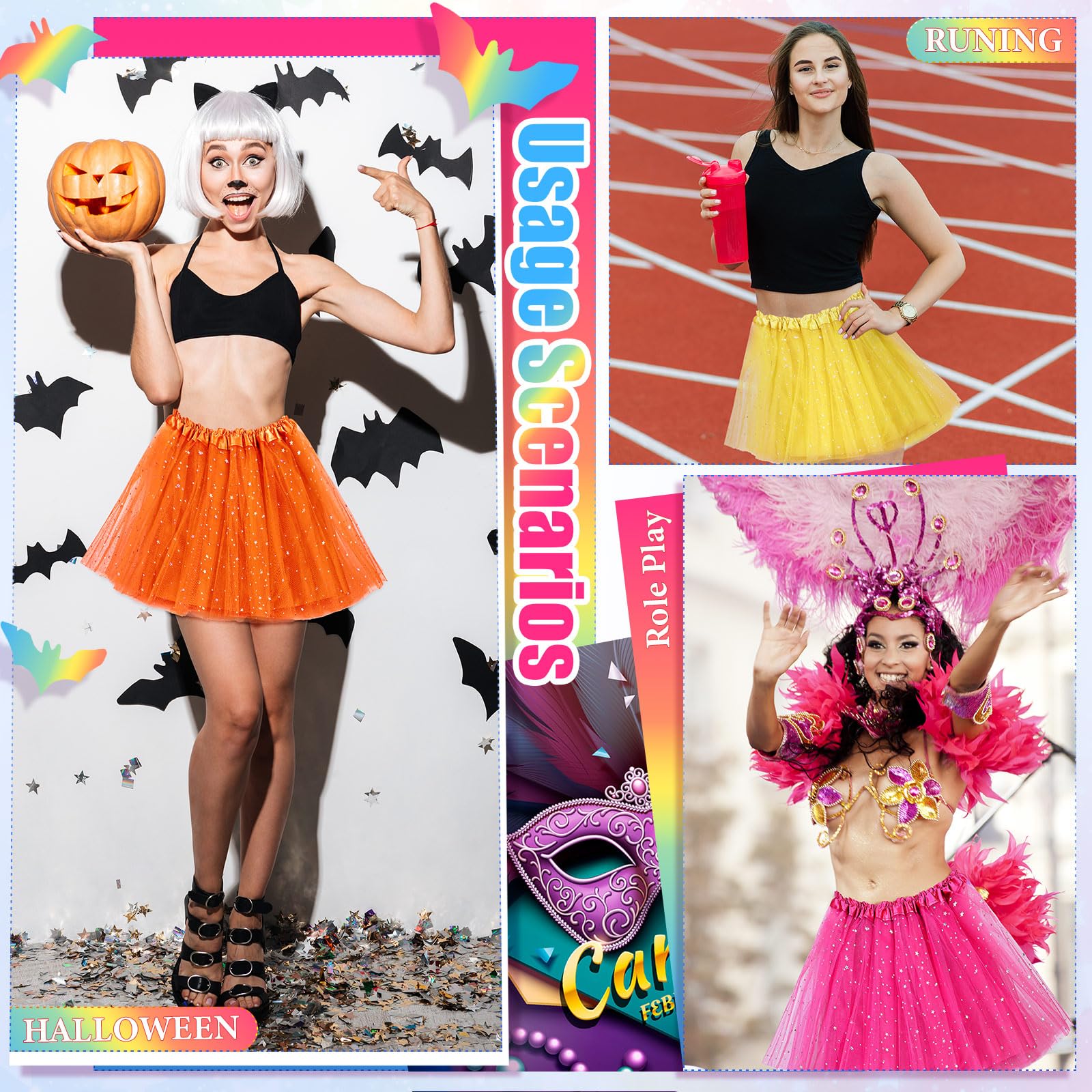 Foaincore 9 Stück Damen Tutu Rock Erwachsene 4 Schichten Tüll Sterne Pailletten Ballett Tanzkleid Paillettenrock