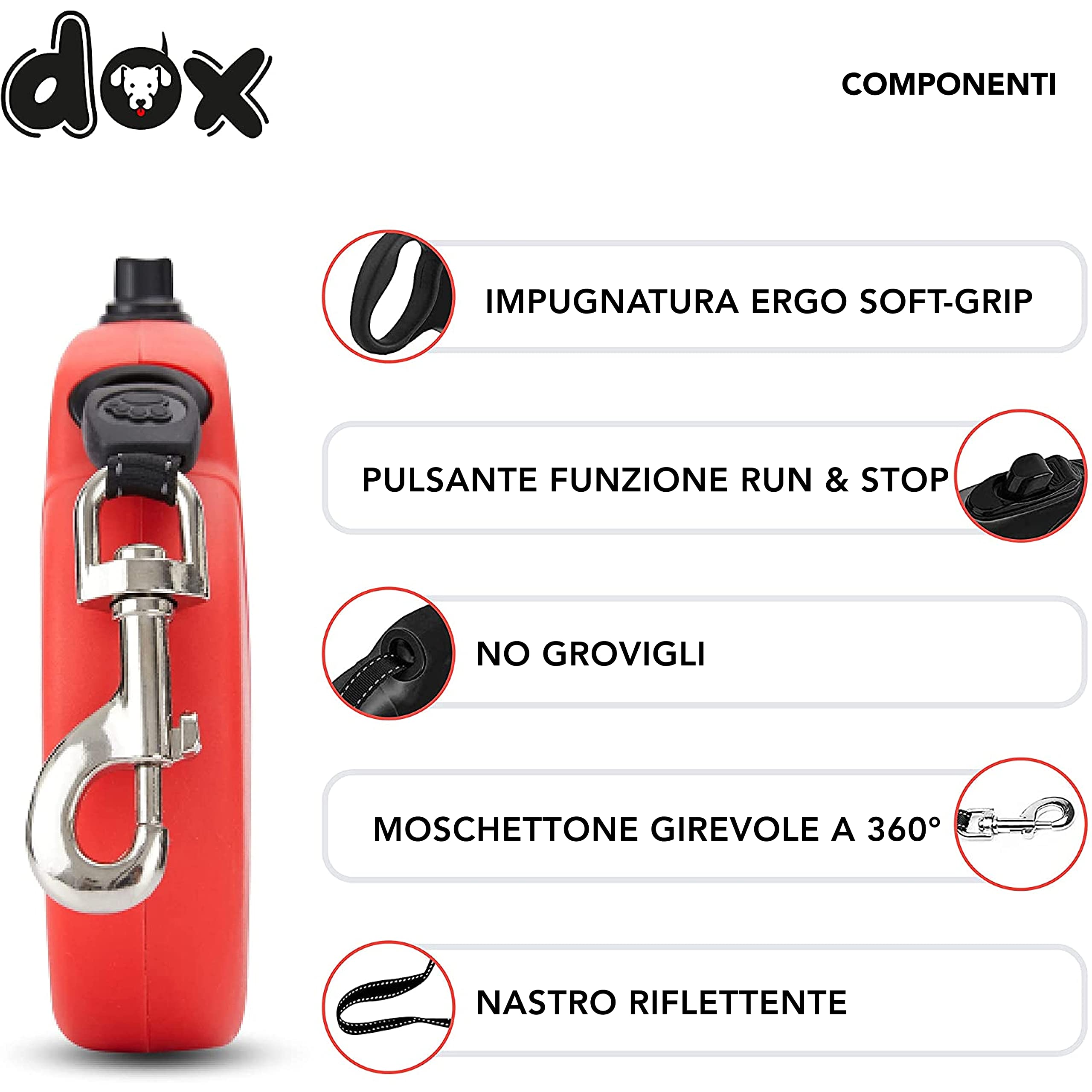 DDOXX Guinzaglio per Cani Allungabile | Colori e Misure Diverse | per Cani Piccoli e Grandi | Accessori Cane Guinzaglio a Bretella Retraibile | Guinzaglio per Gatti e Cani | S, 4m, Fino a 10 kg, Rosso