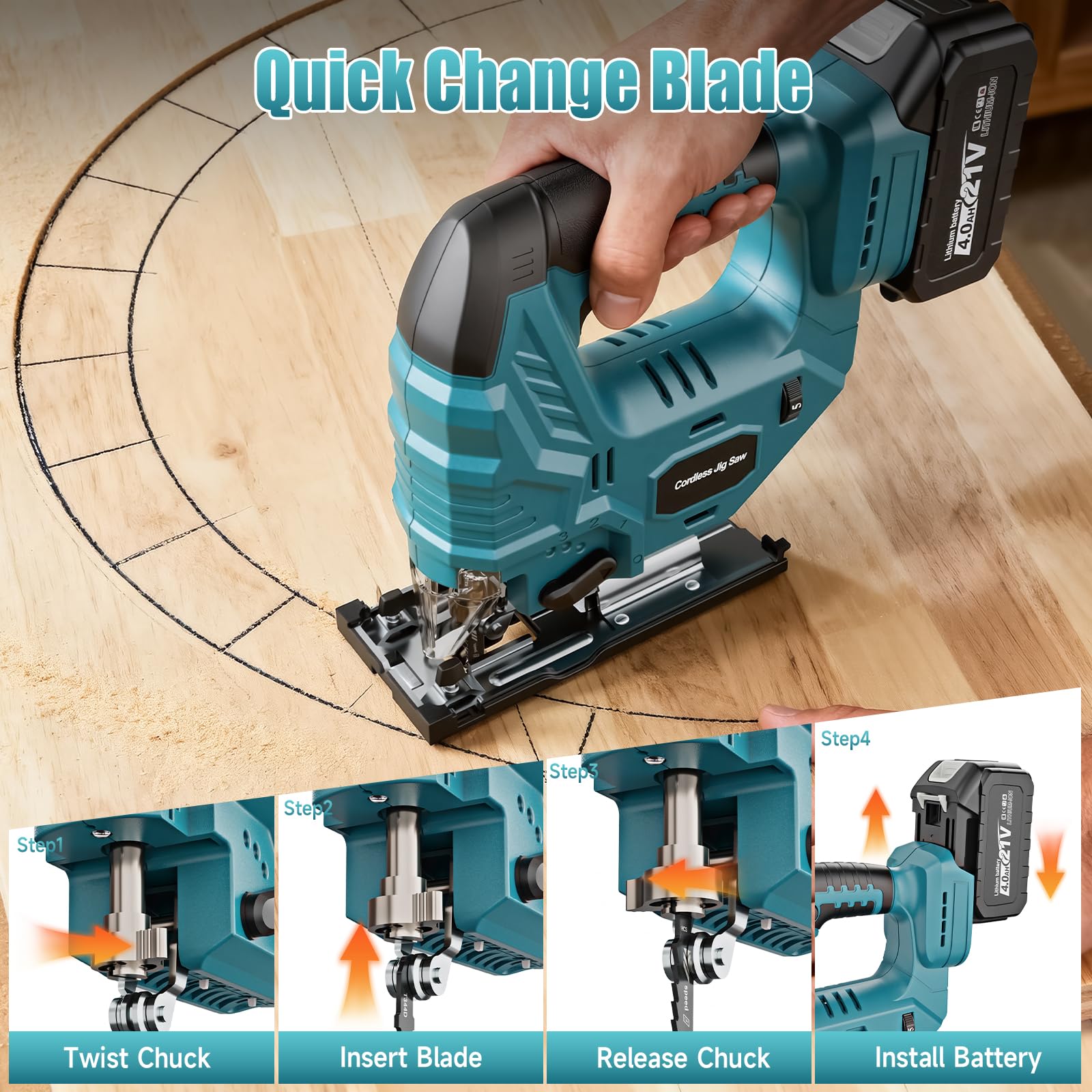 Yofuly Sierra de Calar Compatible con Baterías Makita de 18V, Caladoras para Madera con 2 Baterías de 4,0 Ah, 7 Velocidades Variables 3200SPM, Angulo de Corte de ±45°, 6 Hojas