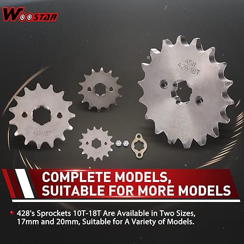 Miniatura 6 de WOOSTAR Piñón delantero para motocicleta 428-18T 17mm para motos de motocross de 50cc, 70cc, 90cc, 110cc, 125cc Dirt Pit Bike Mini Bike ATV 4 ruedas