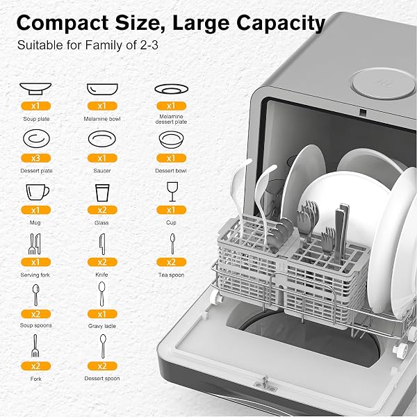 MoraRise Table Top Dishwasher, Mini Countertop Dishwasher with 7 Programs, Built-in 5L Water Tank, Dual Water Supply, 24H Delay, No Plumbing, Baby Care, Drying Cycle, Fruit Wash (Grey) - 4