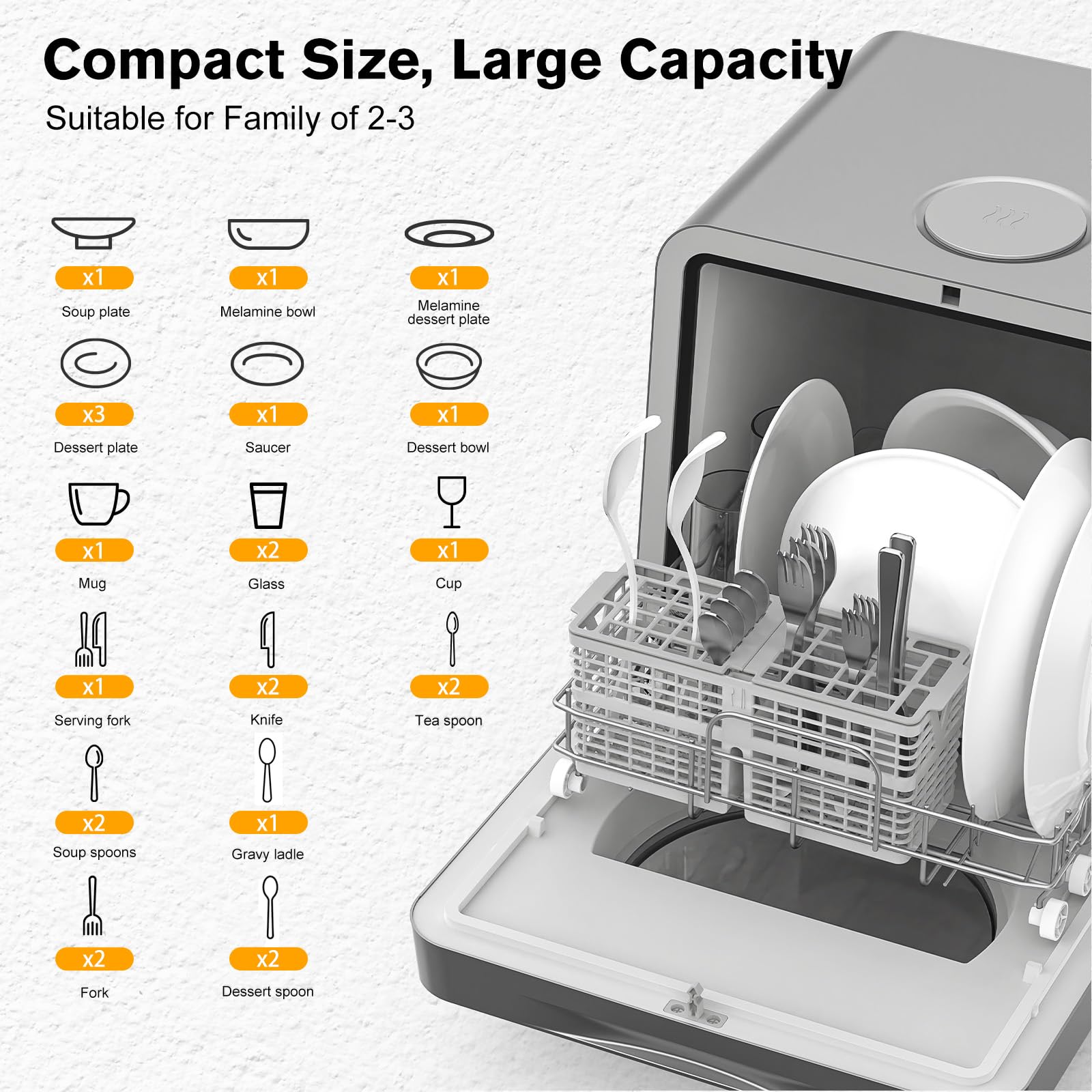 MoraRise Table Top Dishwasher, Mini Countertop Dishwasher with 7 Programs, Built-in 5L Water Tank, Dual Water Supply, 24H Delay, No Plumbing, Baby Care, Drying Cycle, Fruit Wash (Grey) — view 4