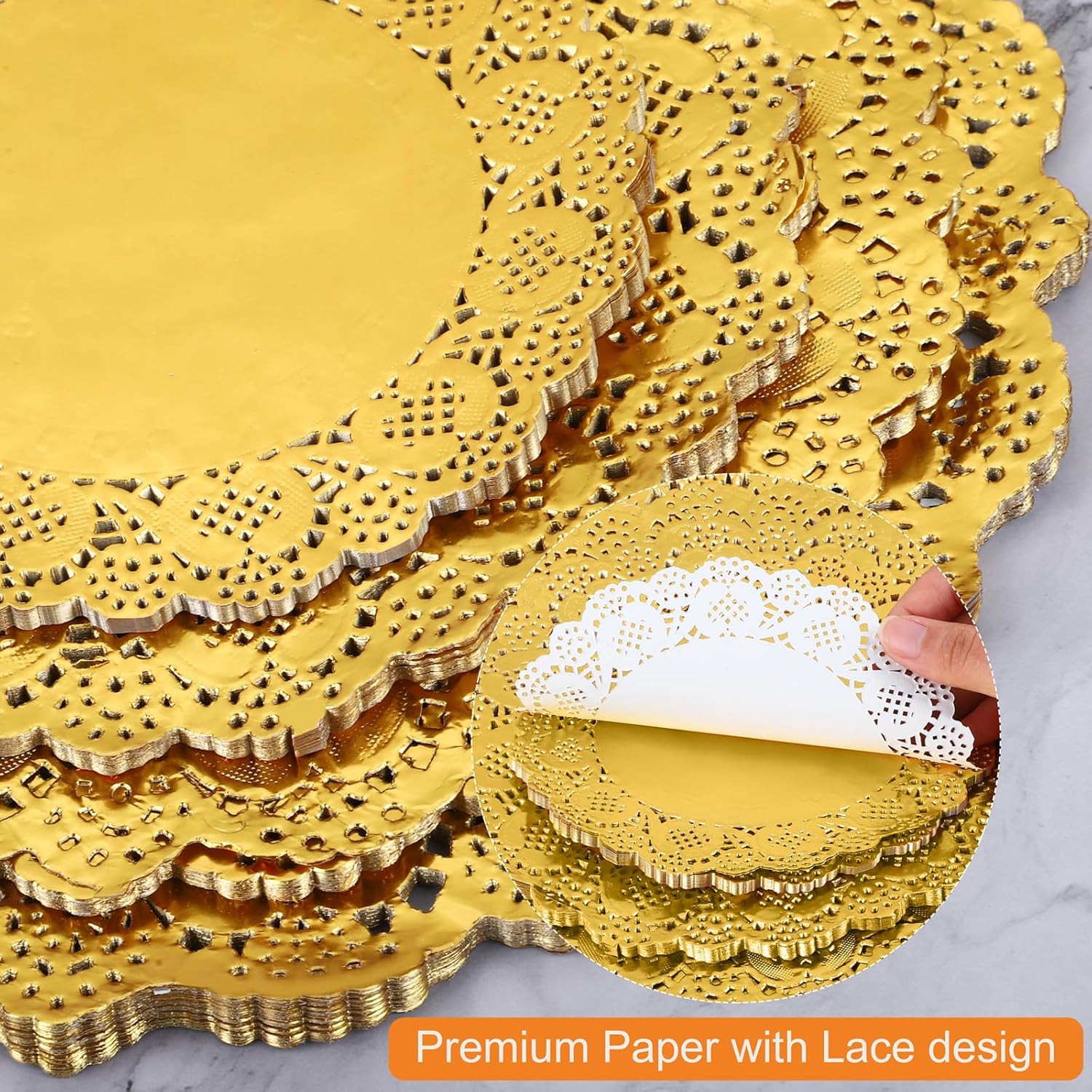Aodaer 200 Pack Round Gold Lace Doilies Disposable Decorative Placemats Assorted Size 6.5, 8.5, 10.5, 12 inch Table Paper Mats for Buffet Cake Food Party Wedding Tableware Decoration