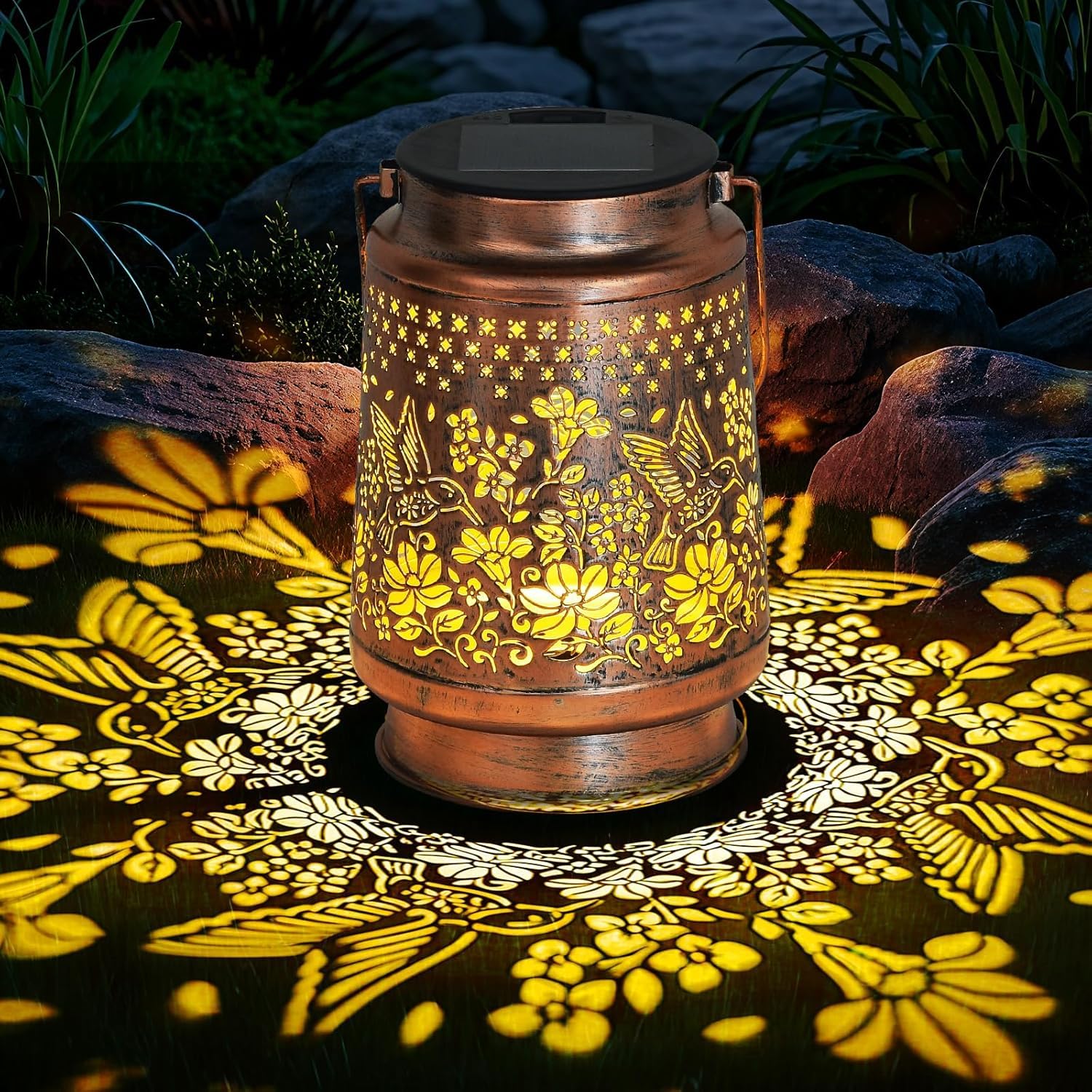 Solar Hanging Lantern Outdoor Light with Cutout Floral Pattern Metal Body and Handle-picture-34