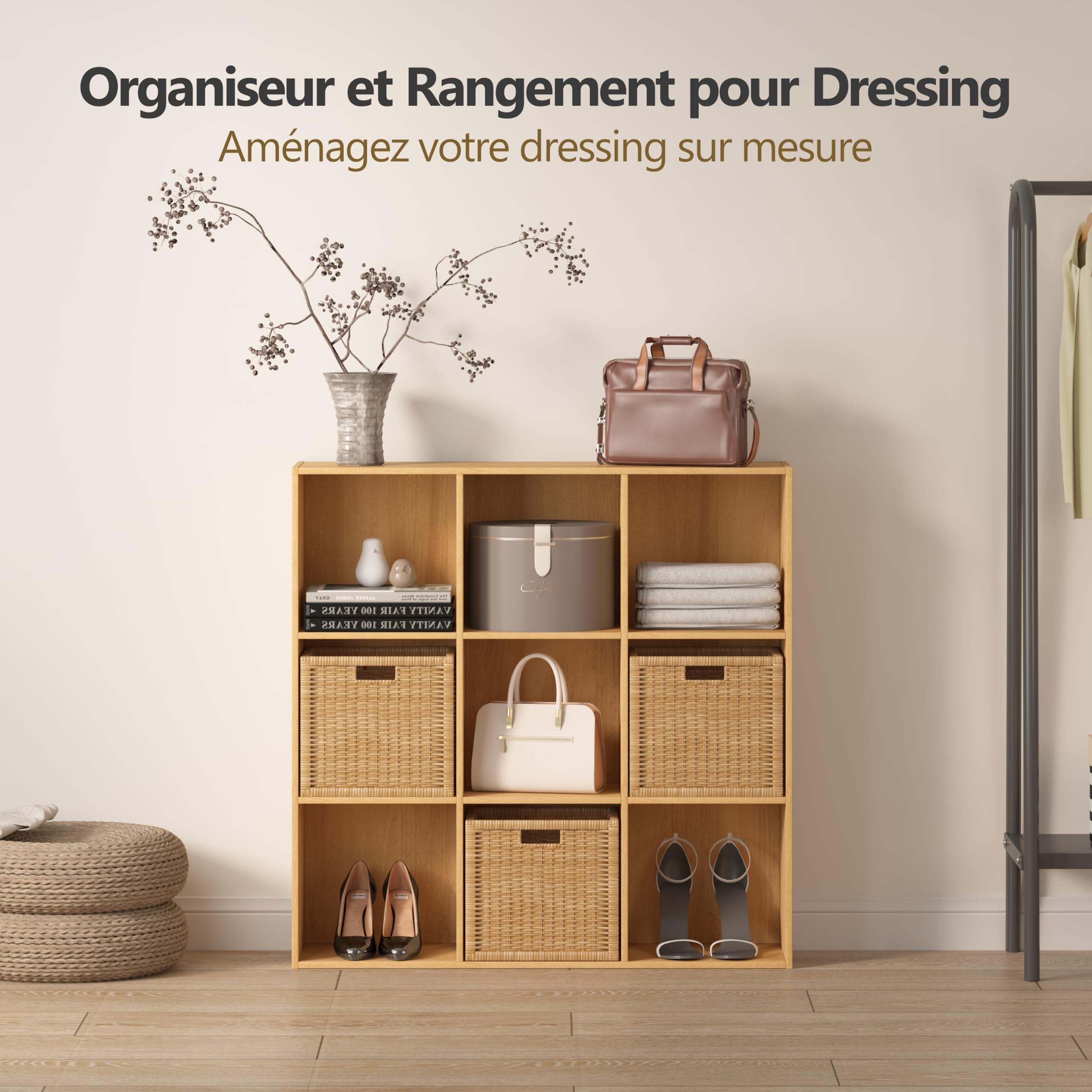 Bibliothèque Meuble de Rangement 6 Cubes, Étagère à Casiers en Bois avec Panneau Arrière, Bibliotheque Cubique, Armoire de Rangement Moderne Présentoir pour Chambre/Salon/Bureau, Chêne Naturel