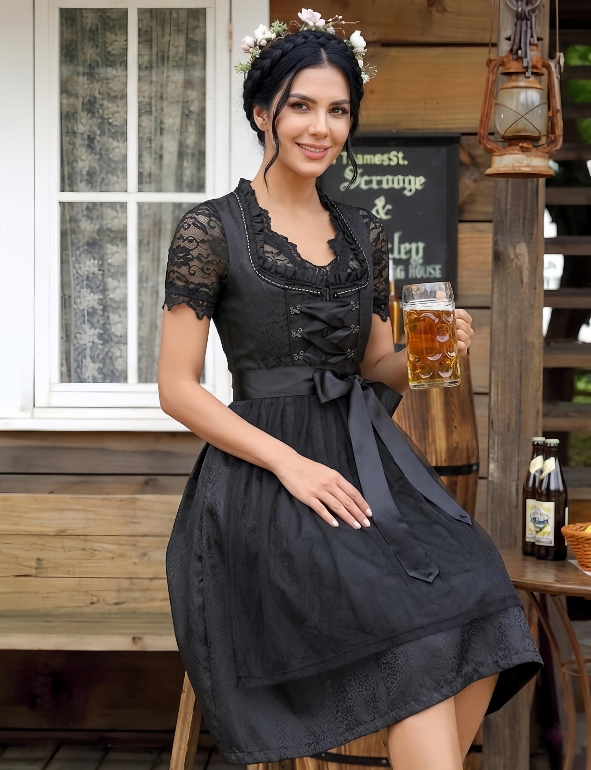 YesFashion Dirndl Damen 3 Teilig Midi Trachtenkleid mit Spitzenbluse & Schürze-Besticktes Outfit für Oktoberfest