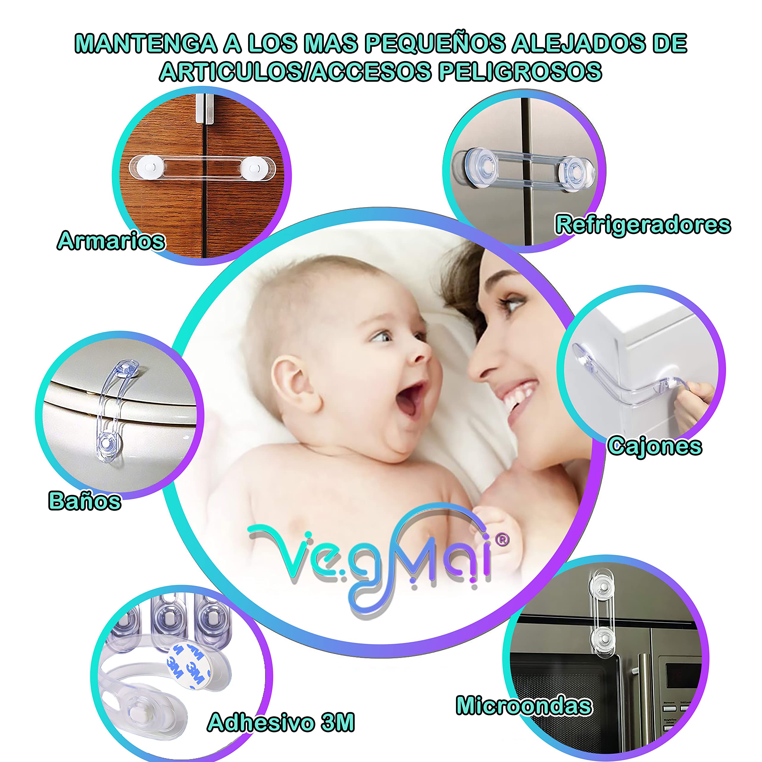 [8 unità] Serrature trasparenti di sicurezza per neonati, blocco con adesivo 3M, chiusure per armadi, cassetti, WC, cucine, porte, finestre, frigoriferi [pestelli trasparenti]