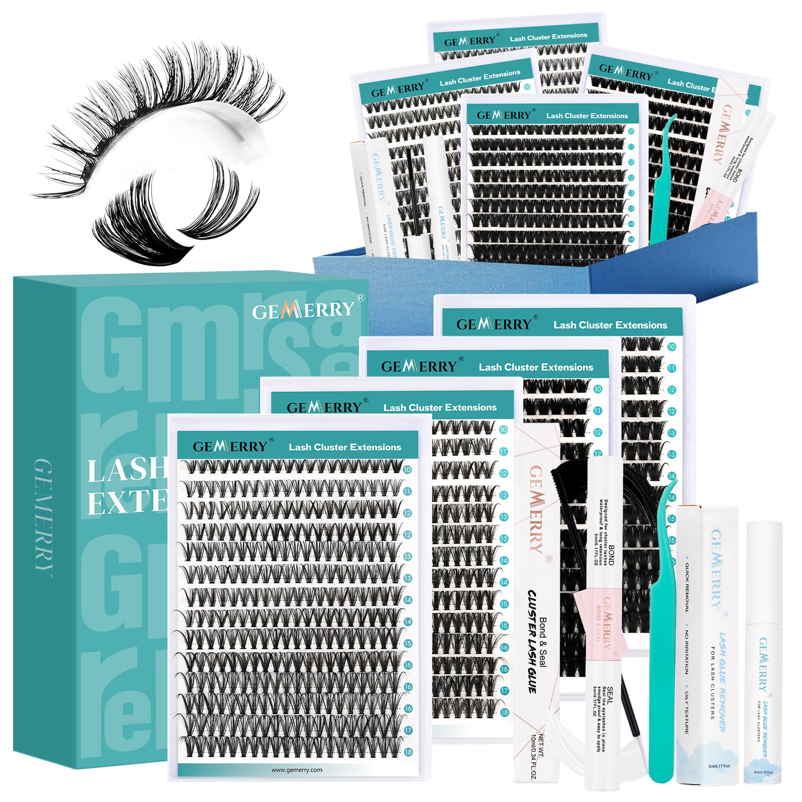 GEMERRY 7PCS Wimpern Set 30D-40D-80D-100D+Wimpernkleber+Applikator+Remover 10-18 mm D Curl lash cluster Kit wimpern extensions Wimpernverlängerung Volume DIY zu Hause