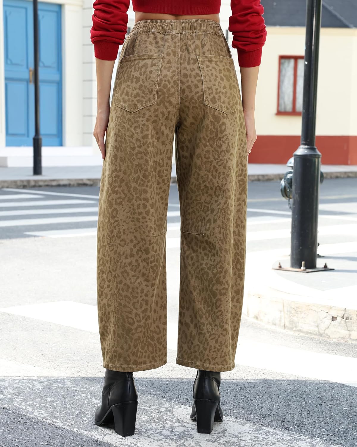 GRAPENT Barrel Jeans for Women Trendy High Waisted Pull On Wide Leg Cropped Leopard Cheetah Print Stretchy Denim Pants - Image 3