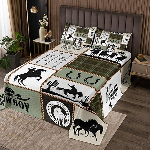 Juego de colcha de vaquero occidental para niños, tamaño Queen, diseño geométrico de cactus, flechas de cactus, decoración de habitación de niños,
