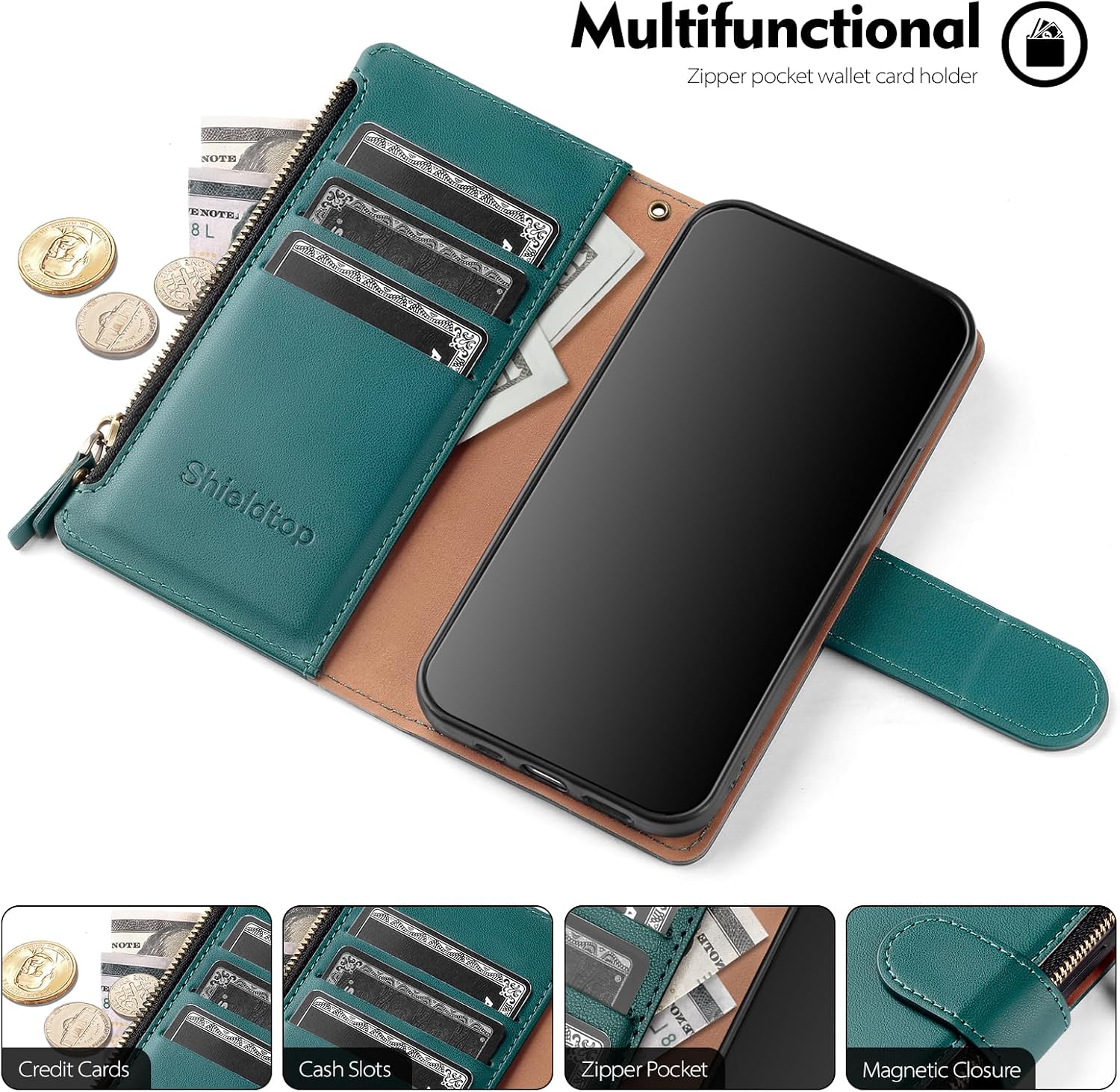 Shieldtop Compatible with Motorola Moto G 2026/2025 / G Play 2026 Wallet Case with Card Holder,Women Men RFID Blocking PU Leather Flip Phone Case Wrist Strap Zipper Credit Card Slots,Blue Green image 3