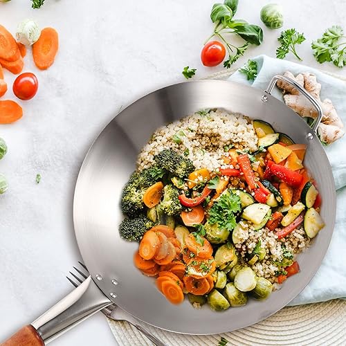 Miniatura 9 de Utensilios de cocina de acero inoxidable Wok Sartén Stir Sartén china Pow Wok Sartén de cocina Sartén de fondo redondo con mango de madera para