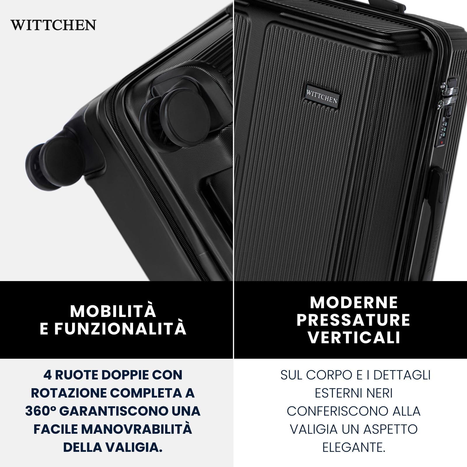 WITTCHEN Stripes Line Valigia grande (XL) | 76,5 × 50 × 29 cm (96 L), ABS rigido, 4 ruote 360° e lucchetto a combinazione | Trolley grande formato XL, Ryanair/ITA Airways - Colore: Nero