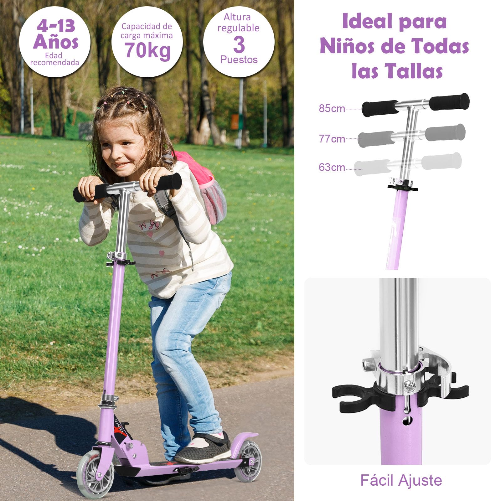 GYMAX Patinete Infantil Plegable, Patinete Infantil con 2 Ruedas LED, Patinete con 3 Alturas Ajustables, Scooter hasta 70 kg de Carga, Patinete para Niños y Niñas 4 Años +
