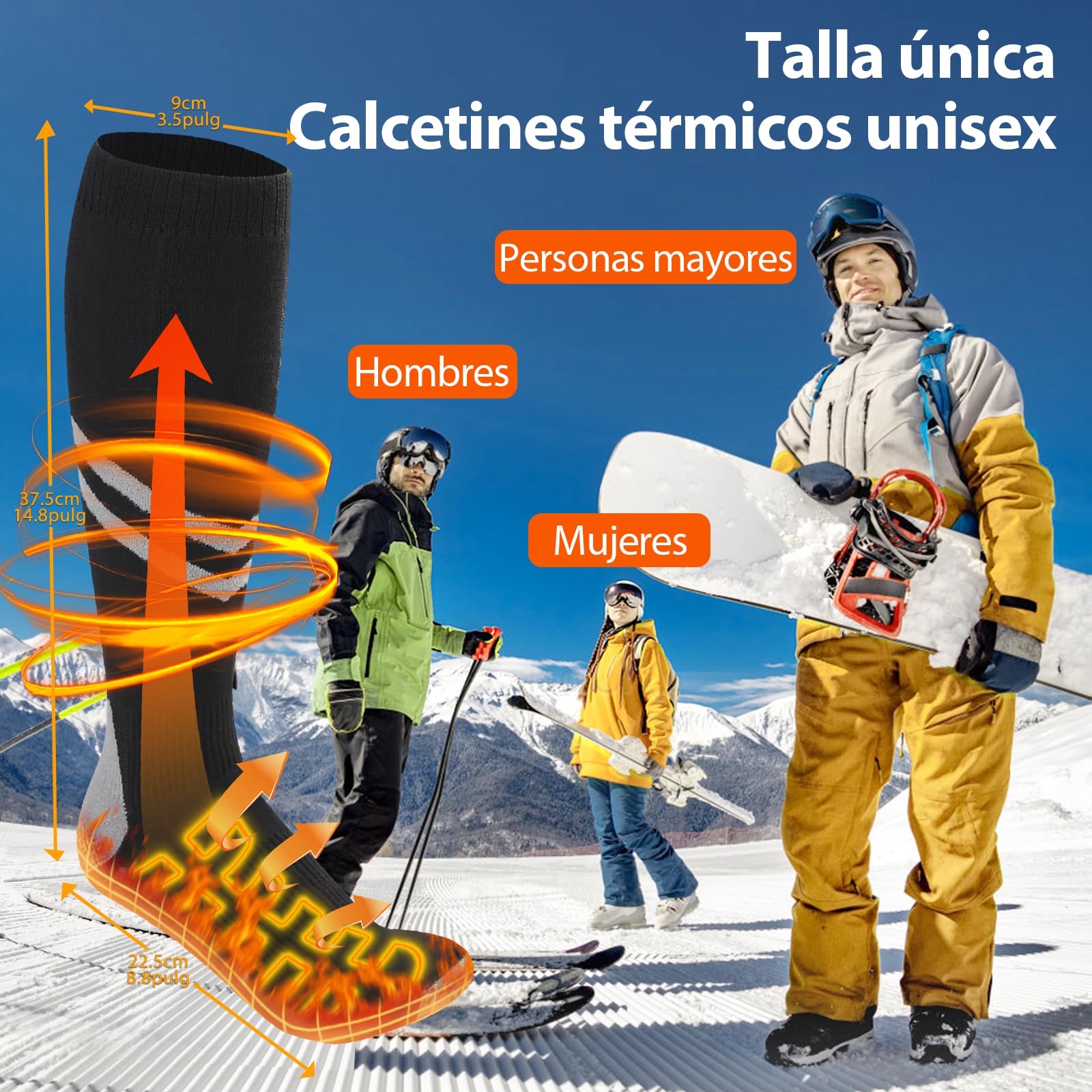 Calcetines Calefactables Recargables, 2 × 9000 mAh/5 V Calcetines Calefactables Mujeres y Hombres, Máximo Uso18 h, Calcetines Termicos Ajustables 3 Niveles 45℃/58℃/70℃ para Tallas 37-47