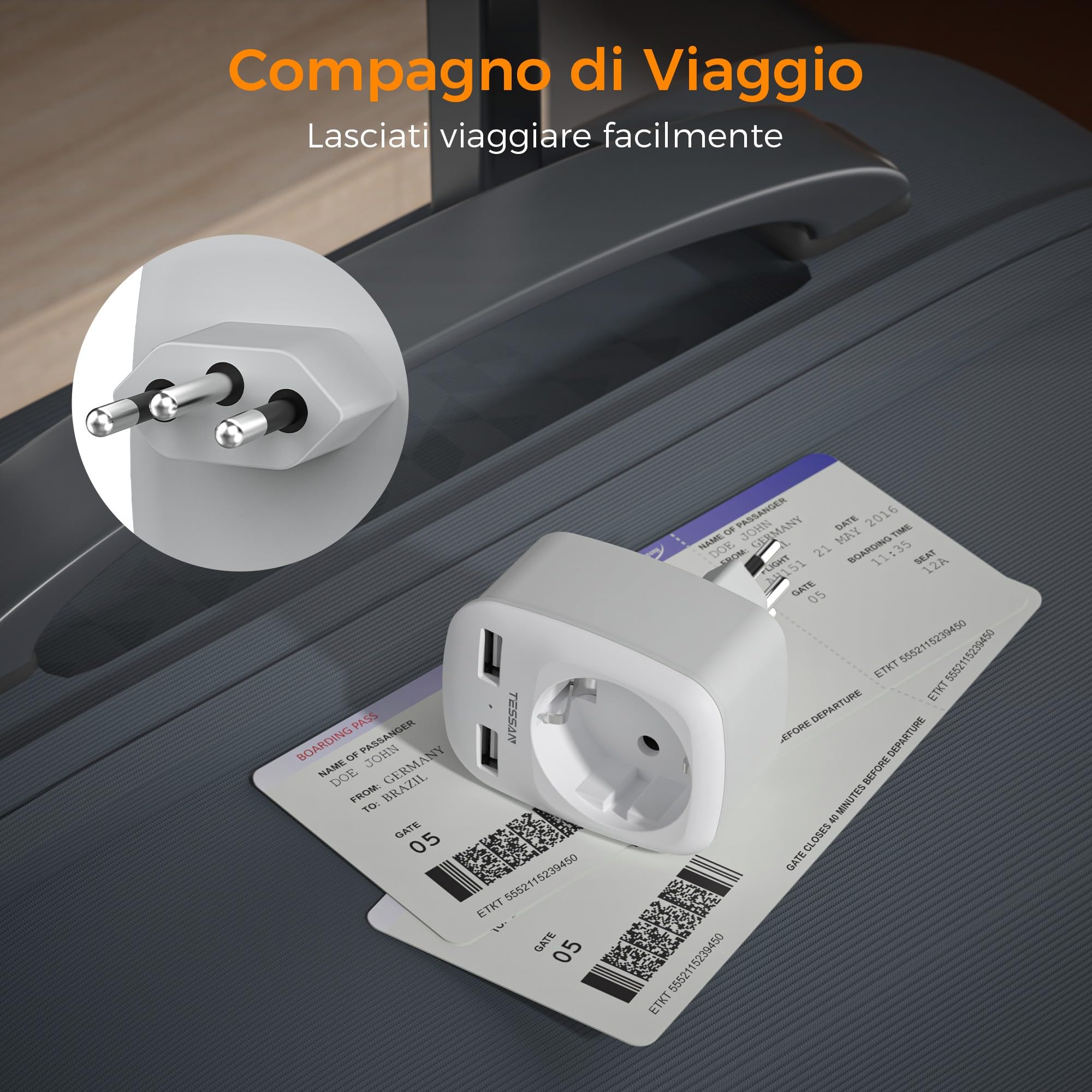 TESSAN 3 in 1 Adattatore Presa Brasile, Adattatore Brasile con 2 USB, Presa Tipo N Europa al Brasile, Sudafrica, Adattatore da Viaggio Tipo N con USB, Adattatore Spina Brasile