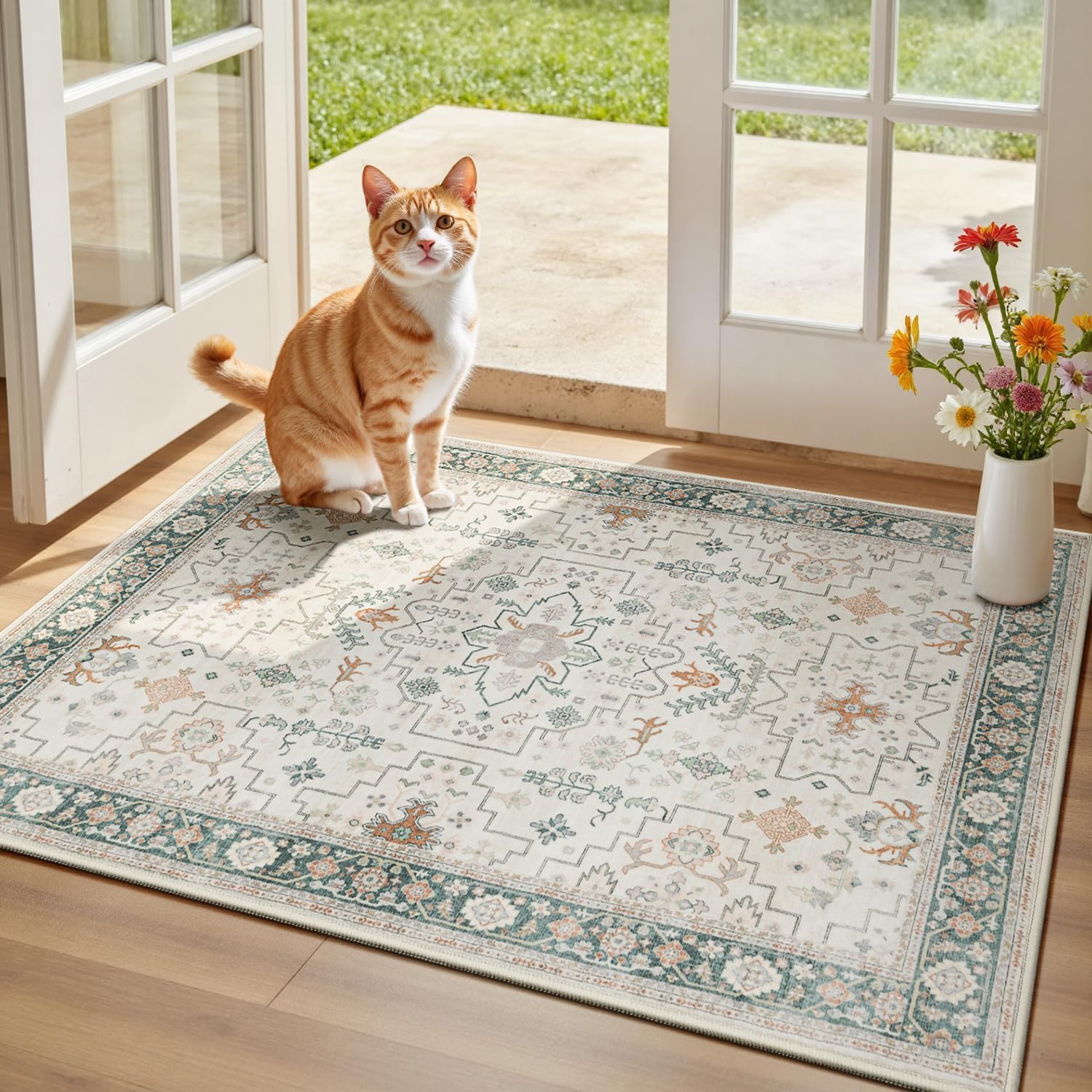 Tapis de salon vert clair bohème 140x260 cm lavable et antidérapant pour chambre