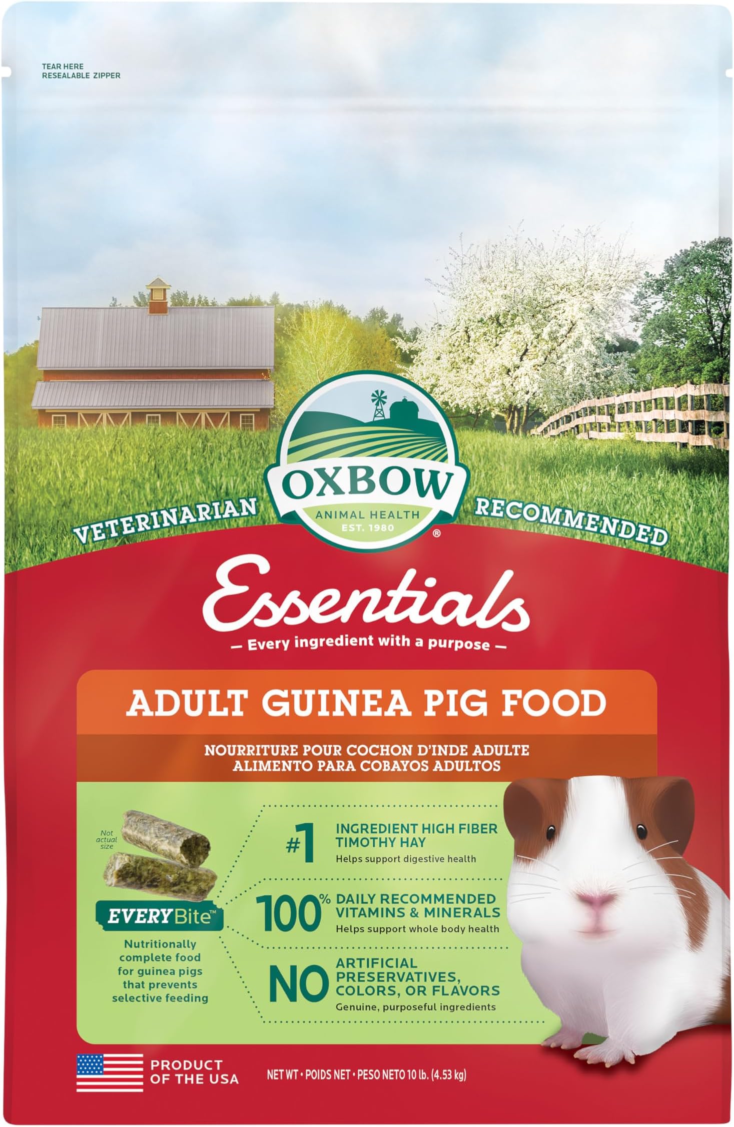 Essentials Guinea Pig Food, Adult Guinea Pig, Made with Oxbow Timothy Hay, Pet Food Pellets with Vitamin C, Small Animal Pet Products, Made in USA, High Fiber, 10 lb. bag