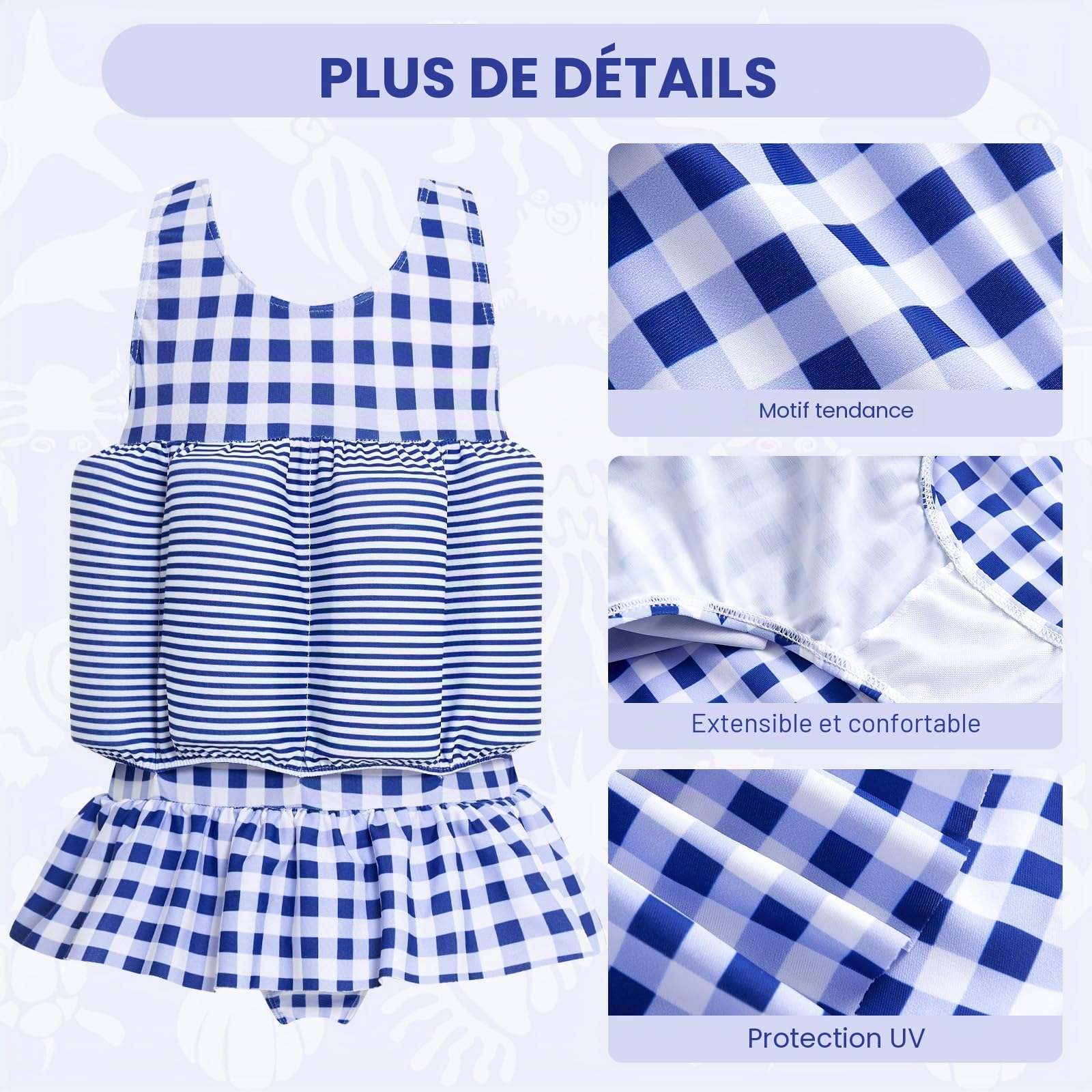Maillot de bain une pièce pour bébé fille avec flotteur, bleu/blanc, 3-4 ans
