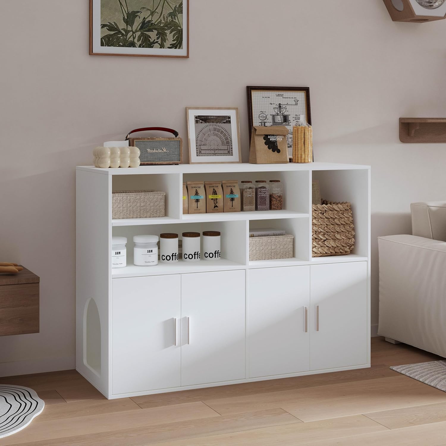 Amunrbrek Double Litter Box Enclosure with Large Storage Space, Hidden Cat Litter Box Furniture for 2 Litter Boxes, Wooden Cat House Cabinet (White)