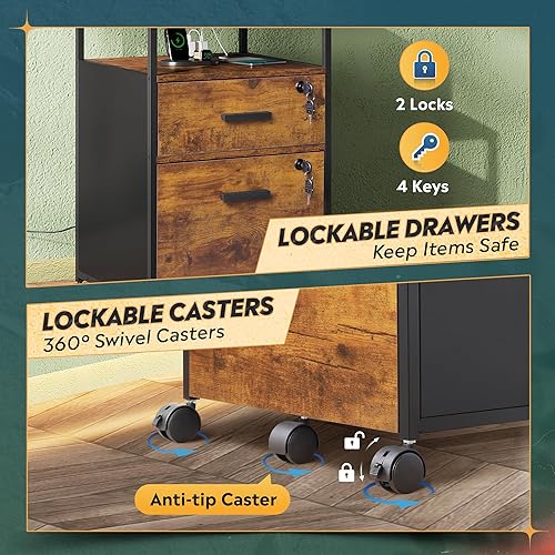 Miniatura 7 de DEVAISE Archivador de 2 cajones con cerradura y estación de carga, archivador de madera para tamaño A4 o carta, soporte de impresora móvil con