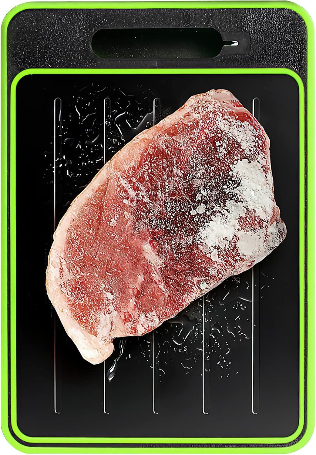 HENGBIRD 4 in 1 Auftauplatte zum Auftauen und Schneiden von Lebensmitteln, Auftaubrett mit Schneidefunktion aus Aluminium, Defrosting Board 36,5 x 25 cm, grüne Umrandung