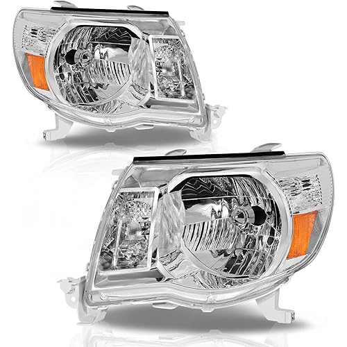 Headlight Assembly Compatible With 2005 2006 2007 2008 2009 2010 2011 Toyota Tacoma 05 06 07 08 09 10 11 Tacoma Pickup Truck OE Style Driver And Passenger Side (Chrome Housing Amber Reflector)