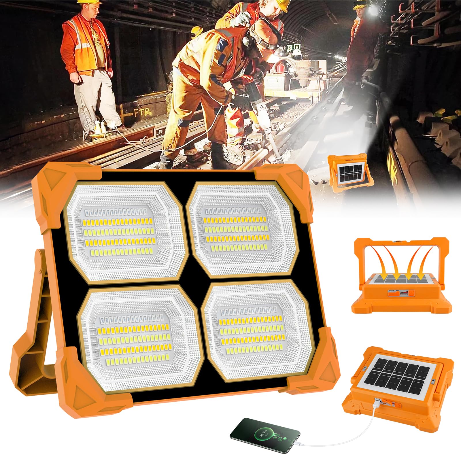 T-SUN 100W Projecteur LED Rechargeable Solaire, 5 Modes 328 LED Projecteur Chantier Portable, Lampe de Travail avec USB/Batterie Rechargeable/Panneau Solaire pour Réparation, Camping, Urgenc