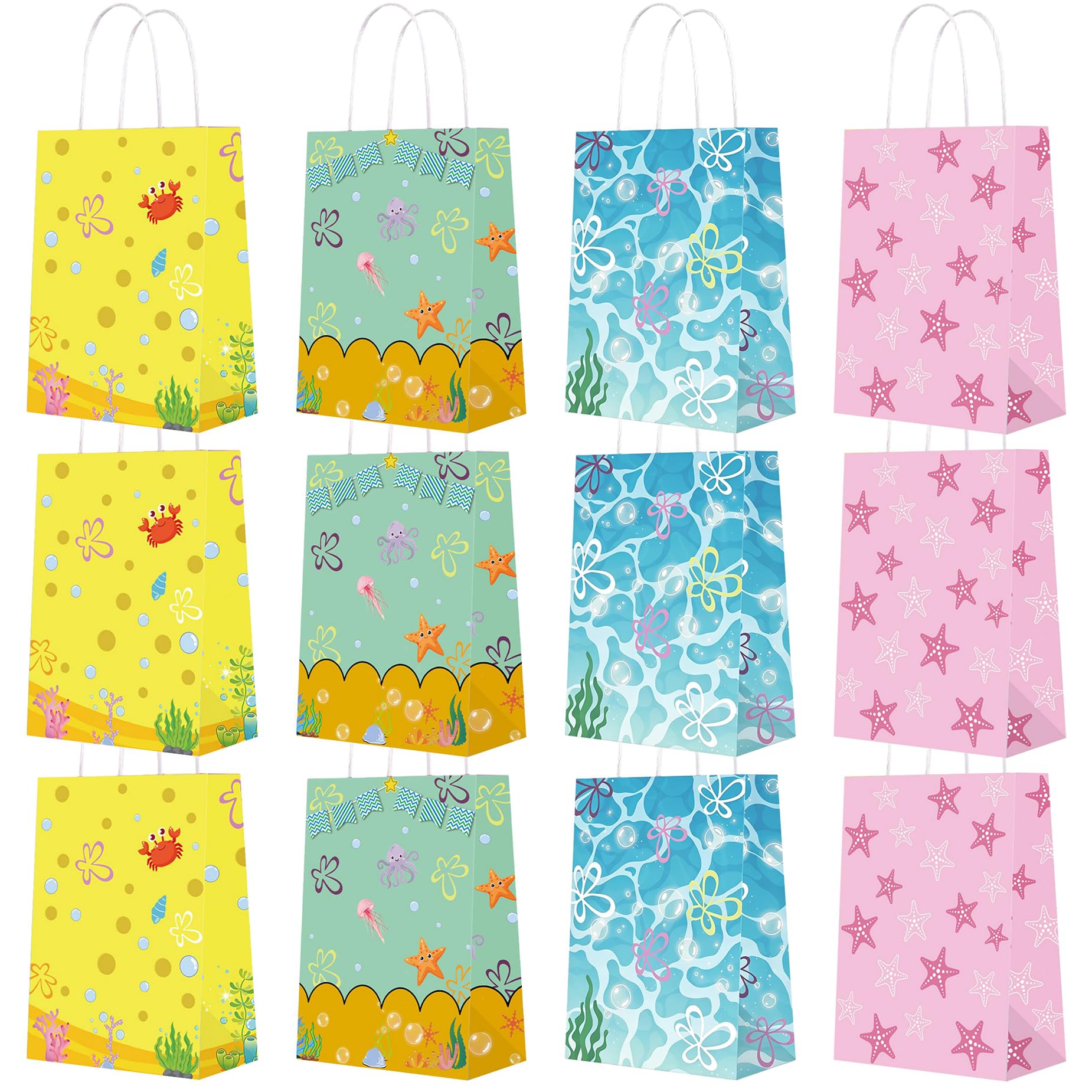 12 Pcs Cartoon Undersea Paper Party Gift Bags with Handles, Blue Ocean Octopus Jellyfish Crab Seaweed Candy Goodie Bags for Gift Wrapping Birthday Party Decorations