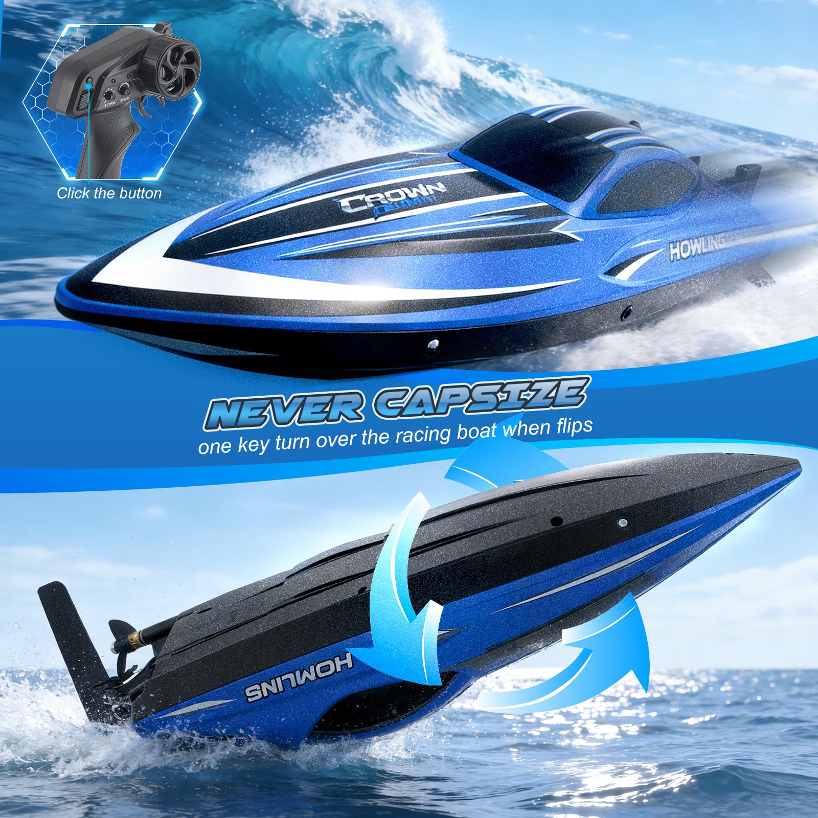 Ferngesteuertes Boot mit LED-Beleuchtung, 42CM RC-Boot, 35 km/h, Selbstaufrichtend, 2 Akkus, 2,4 GHz Fernsteuerung, Wasserdicht & Kentersicher, für Kinder Erwachsene, Pool See (blau)