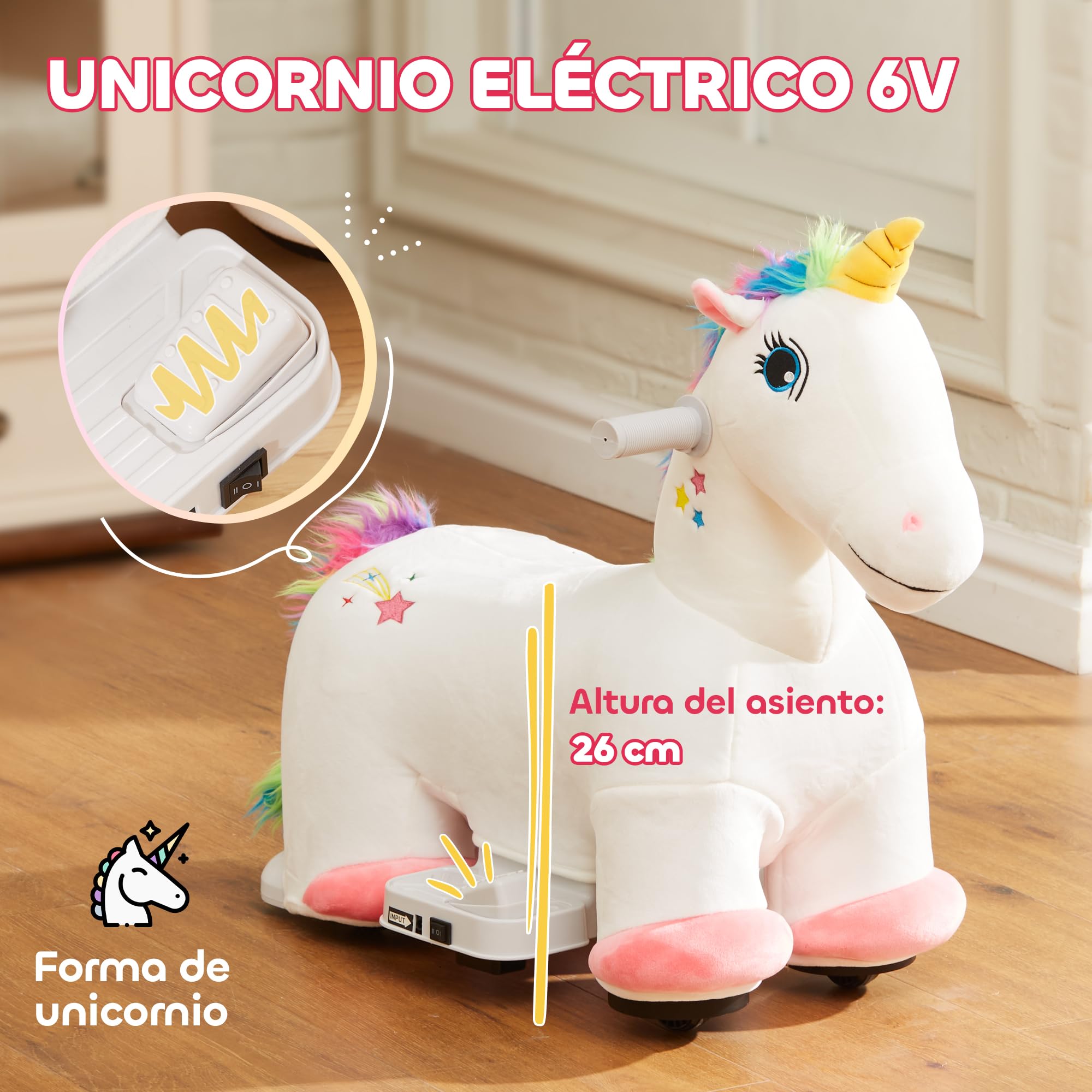 AIYAPLAY Unicornio Eléctrico para Niños de 18 a 36 Meses Caballo Balancín Eléctrico con Batería 6V y Música Carga 25 kg 69x34x53 cm Blanco