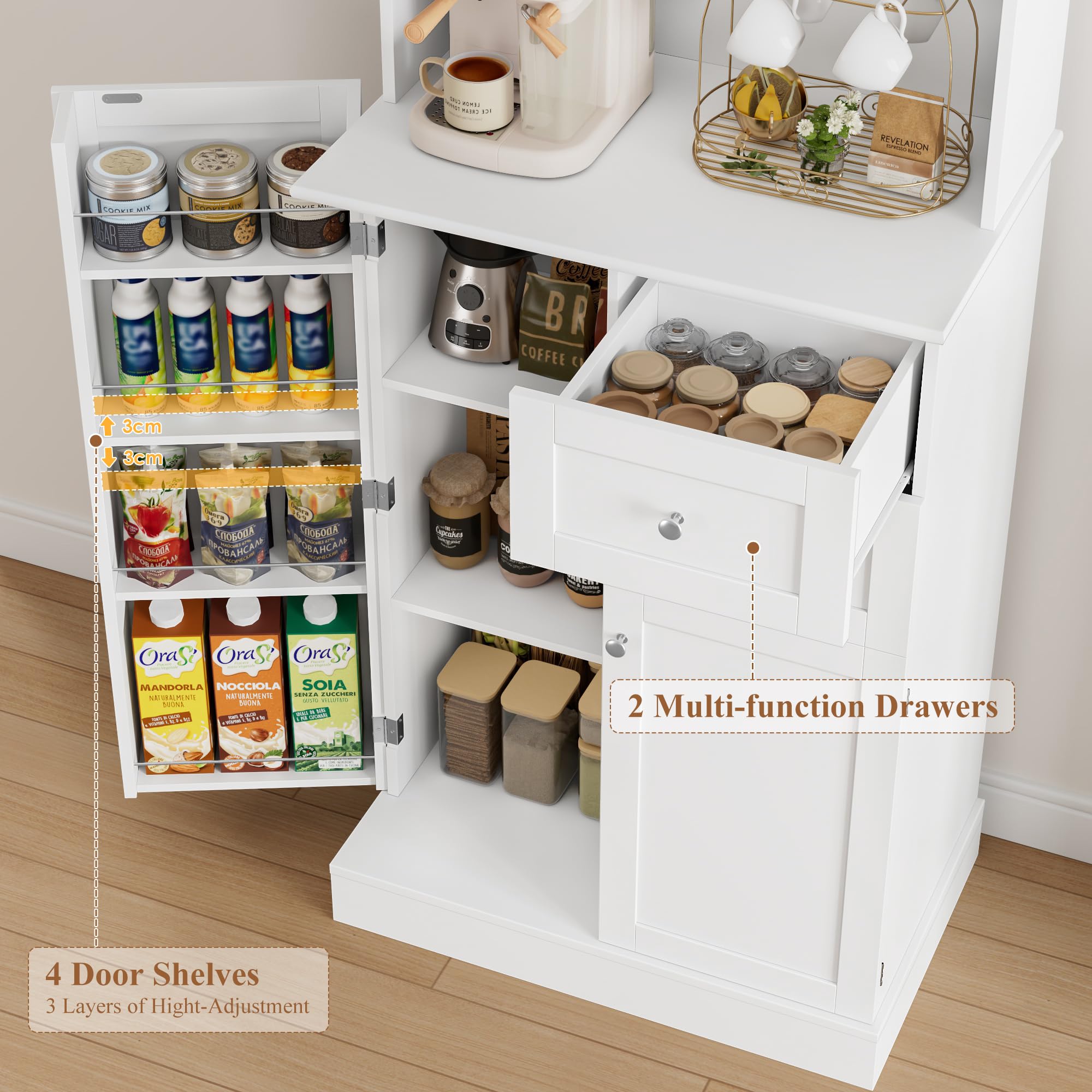 HOCSOK Küchenschrank, Buffetschrank mit Verstellbaren Ablage und Schubladen | vorratsschrank küche mit Mikrowellenregal und 4 Türen, Mehrzweckschrank für Küche, Esszimmer, Wohnzimmer, Weiß