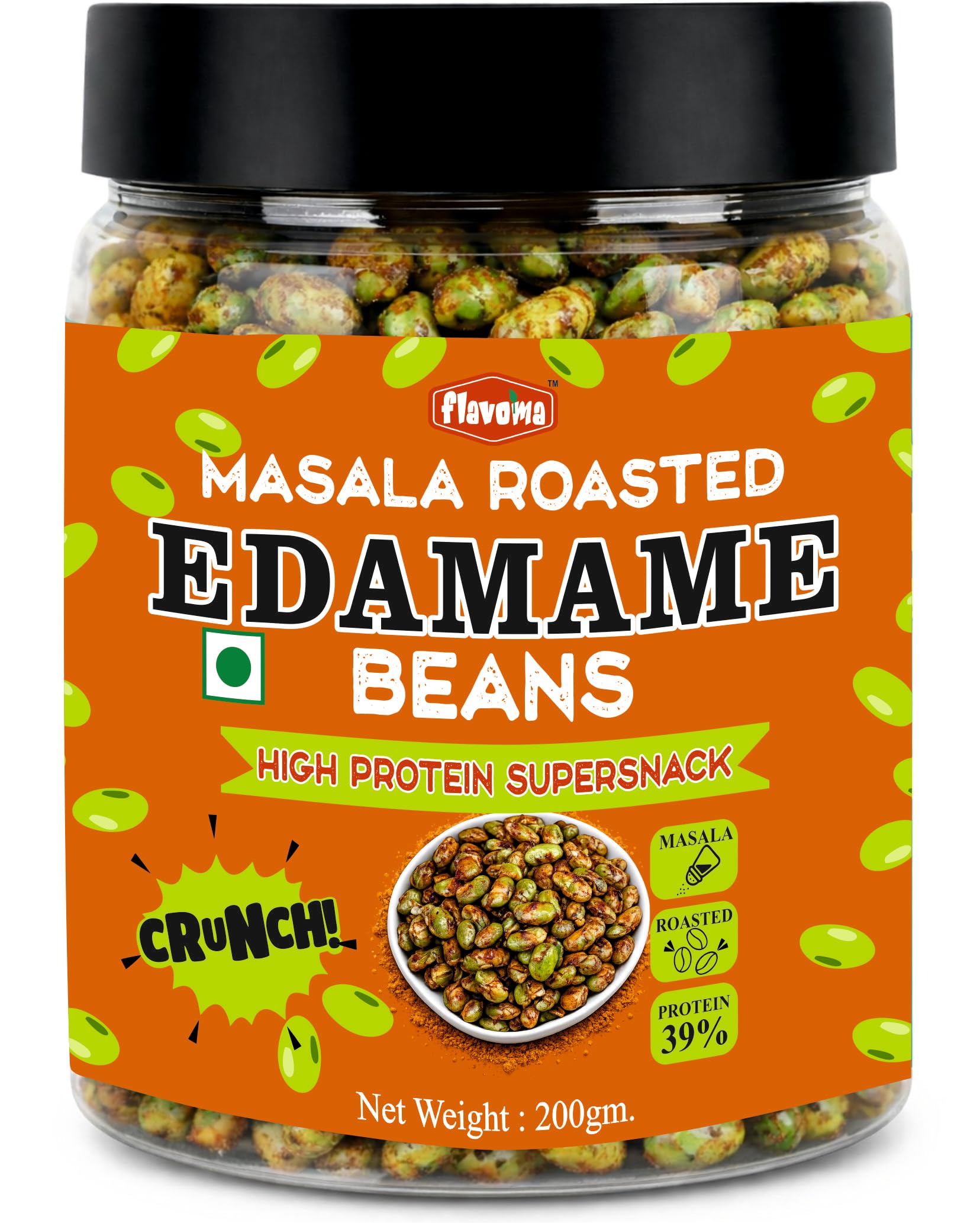 Flavoma Roasted Masala Edamame Beans (200gm) | Crunchy Plant-Based Snack | Dry Roasted Soybeans | Vegan & Gluten-Free | High Protein Snack