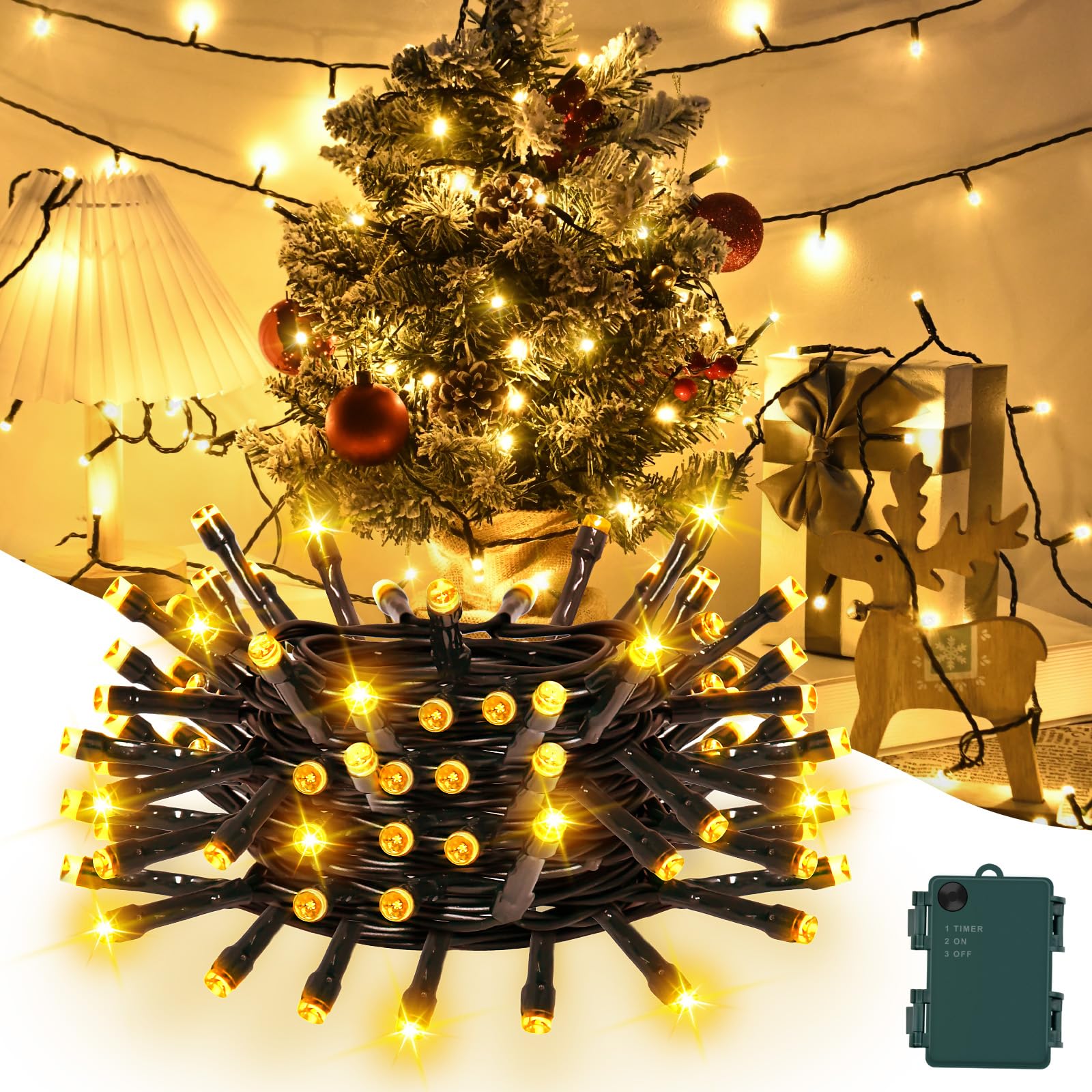 Gcstnn Battery Fairy Lights, 3M/9.8Ft 30LED Battery Powered Fairy Lights Indoor Outdoor with 6h Timer Waterproof String Lights On Green Cable,for Bedroom Christmas Tree Decorations,Garden-Warm White