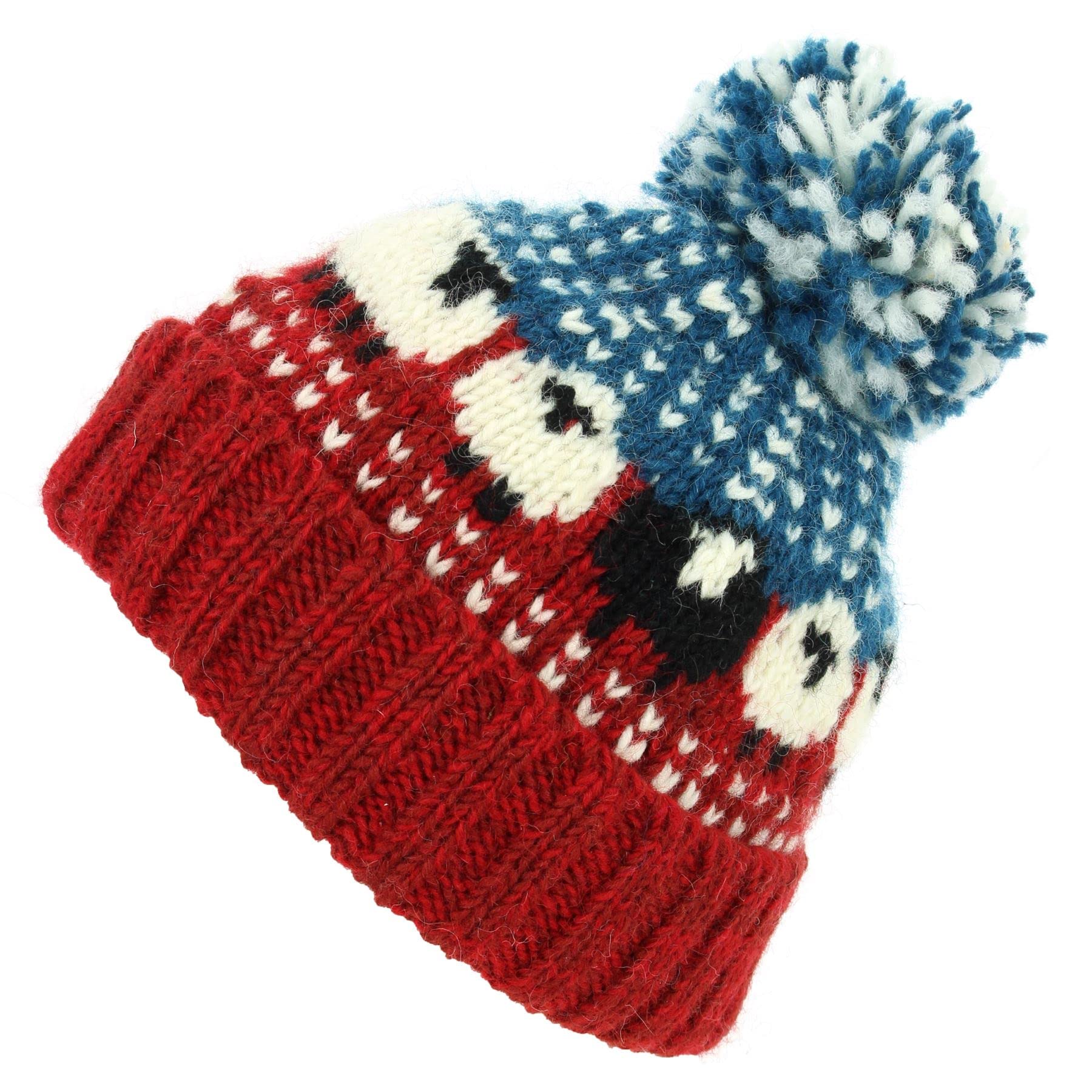 LOUDelephant Hand Knitted Wool Beanie Bobble Hat - Sheep - Red Blue