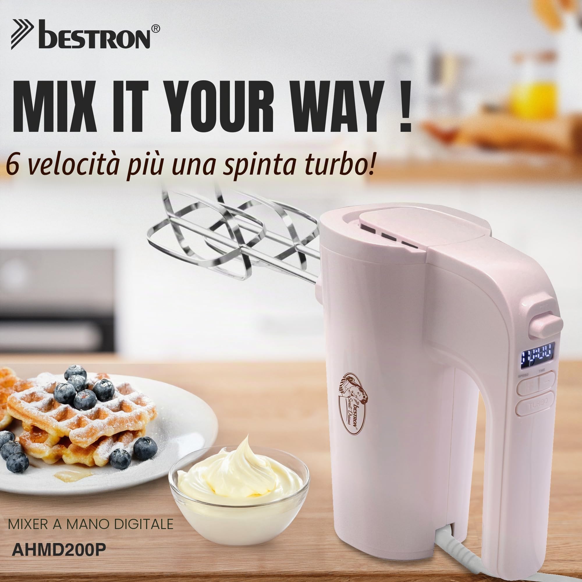 Bestron Power - Frullatore manuale a 6 livelli, funzione turbo e display LCD, con 2 fruste e 2 ganci per impastare, peso leggero di 1 kg, colore: Rosa