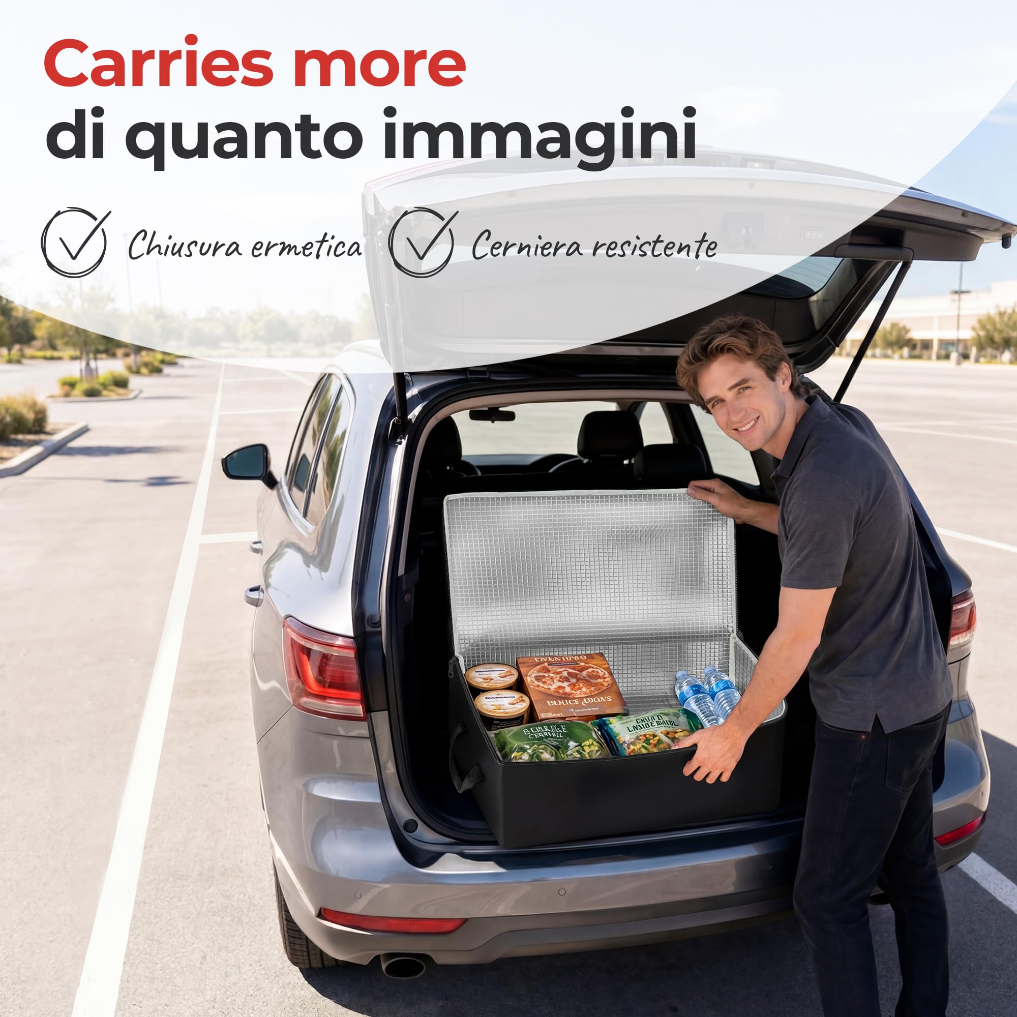 achilles Borsa Frigo Grande - 53L Borsa Termica - Borsa Frigo Pieghevole - Borsa per Mantenere il Cibo Caldo o Freddo - Organizer Bagagliaio - Portaoggetti Bagagliaio - Nero - 57x37x25 cm