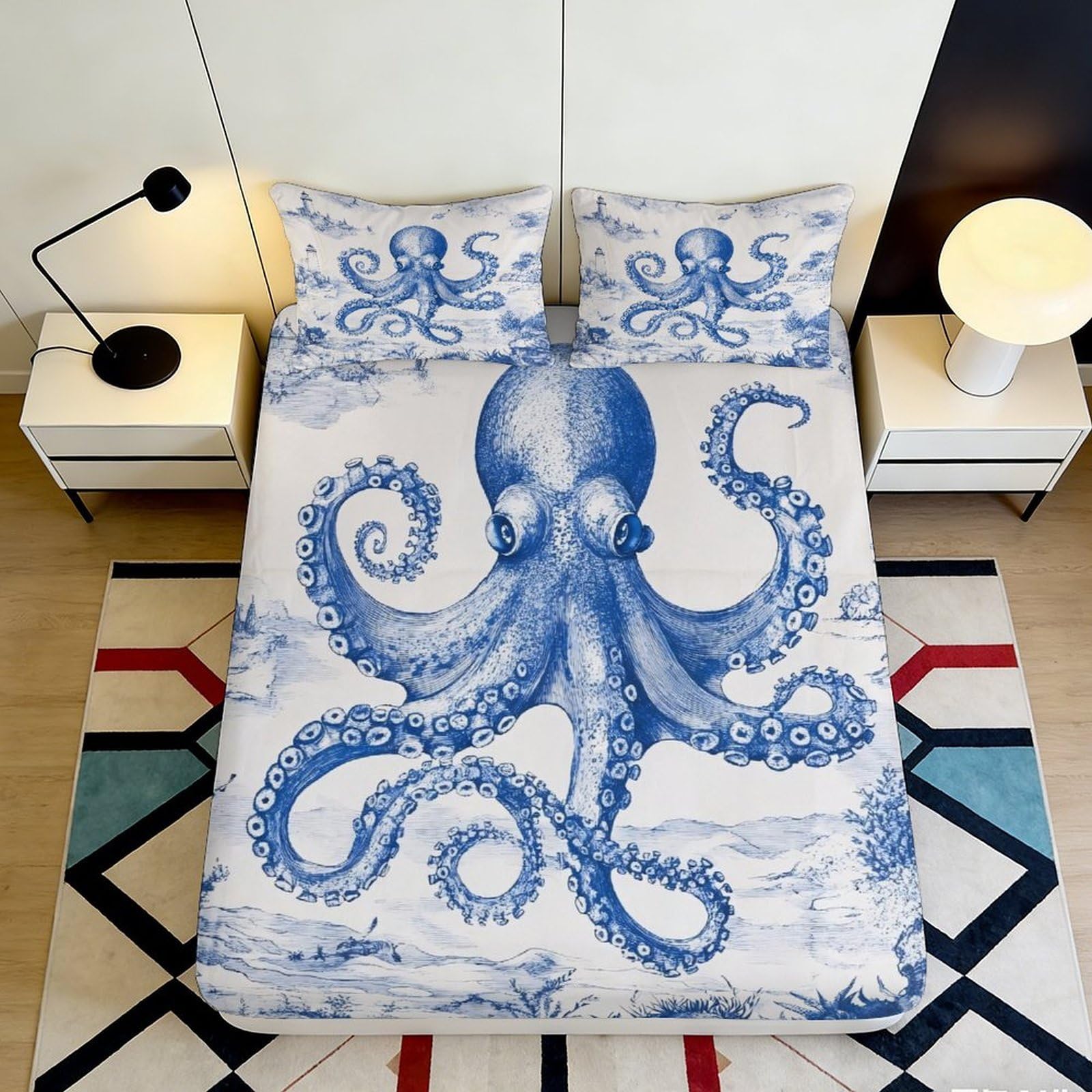 Pnayamiorkfel Style-9 3D Printed Blue Octopus Fitted Sheet Microfiber Soft Breathable Vintage Ocean Mattress Cover For Bedroom Guest Room Decor 90X200x25cm