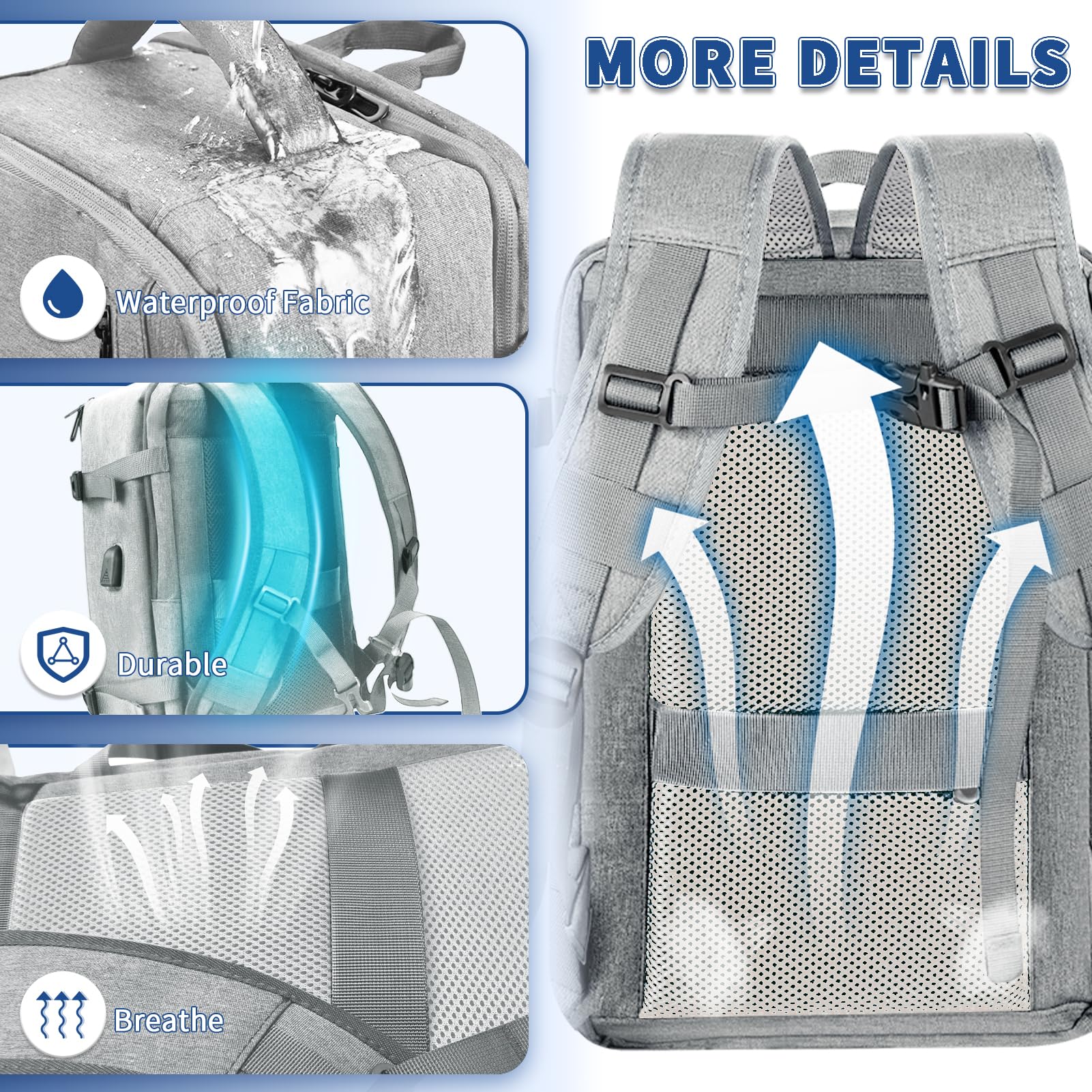 Leyrica Zaino da Viaggio per Ryanair/Wizzair 40x20x25 Bagaglio a Mano Unisex Borse da Cabina Zaino per Laptop 15 pollici Daypack Casual Zaino Università Zaino (Grigio Chiaro)