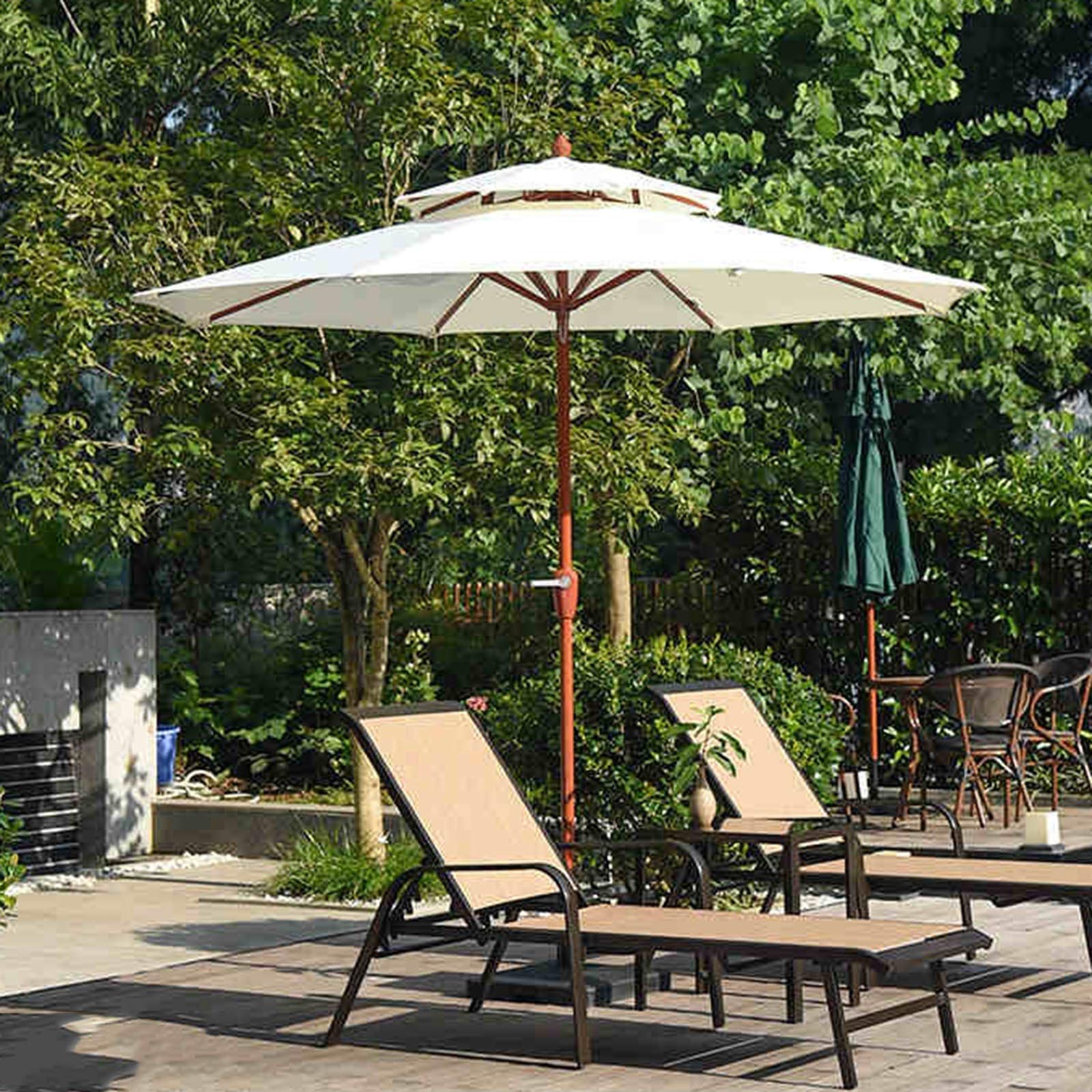 Parasol ogrodowy 9-stopowy parasol ogrodowy, duży wodoodporny UV 90+ Sunbrella, parasol ogrodowy/basenowy/plażowy z drewnianą teksturą brązowe żelazne słupy