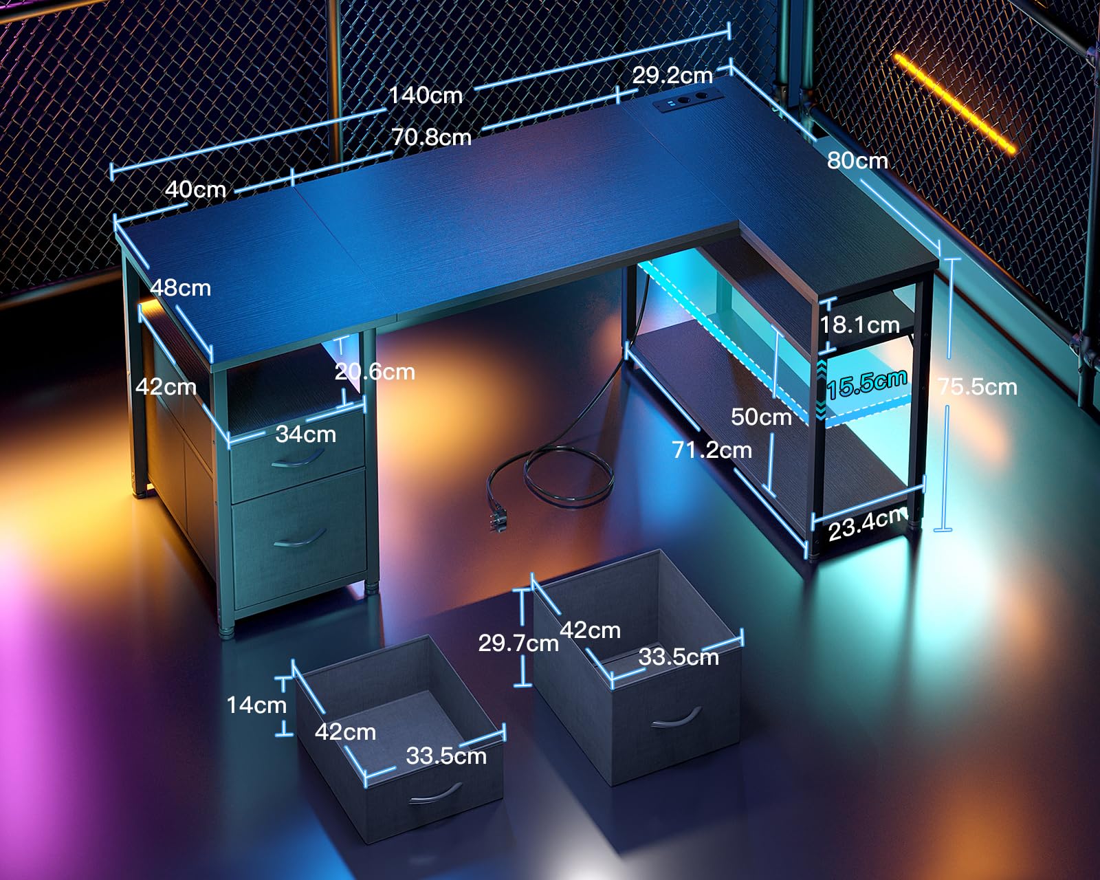 Coleshome Bureau d’Angle avec Tiroirs en Tissu, 140×80 cm Bureau Gaming Réversible avec Prises et Ports USB, Table en L avec Étagère Réglable pour Télétravail, Jeux et Études, Noir