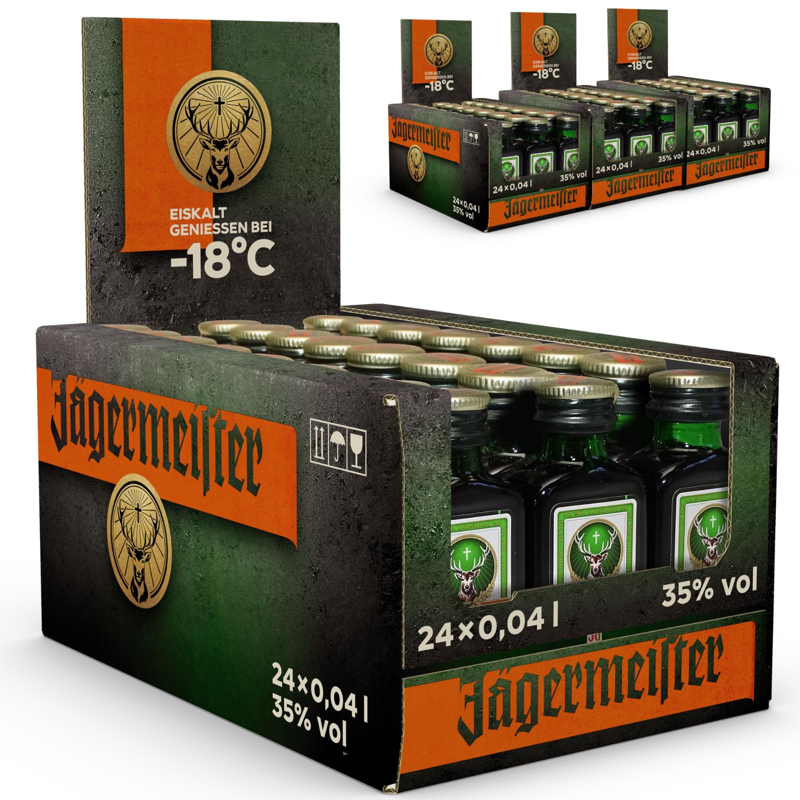 Jägermeister – 96 x 0,04l Premium Kräuterlikör Shots 35% Vol. als Party Geschenk – Aus 56 erlesenen Kräuter – Im Eichenfass gelagert – Das Original aus Wolfenbüttel | 56 erlesene Kräuter – Kalt mazeriertes Elixier – Im Eichenfass gelagert – Das Original a