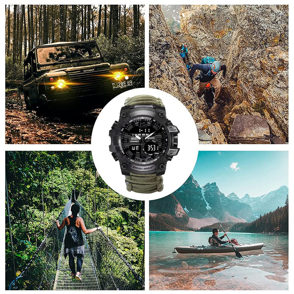 Cyfrowy zegarek na rękę, taktyczne wojskowe zegarki awaryjne unisex z paracord/gwizdkiem/zapalniczką/skrobakiem/kompasem i termometrem, sprzętem zewnętrznym 6 w 1, Zielony, sport